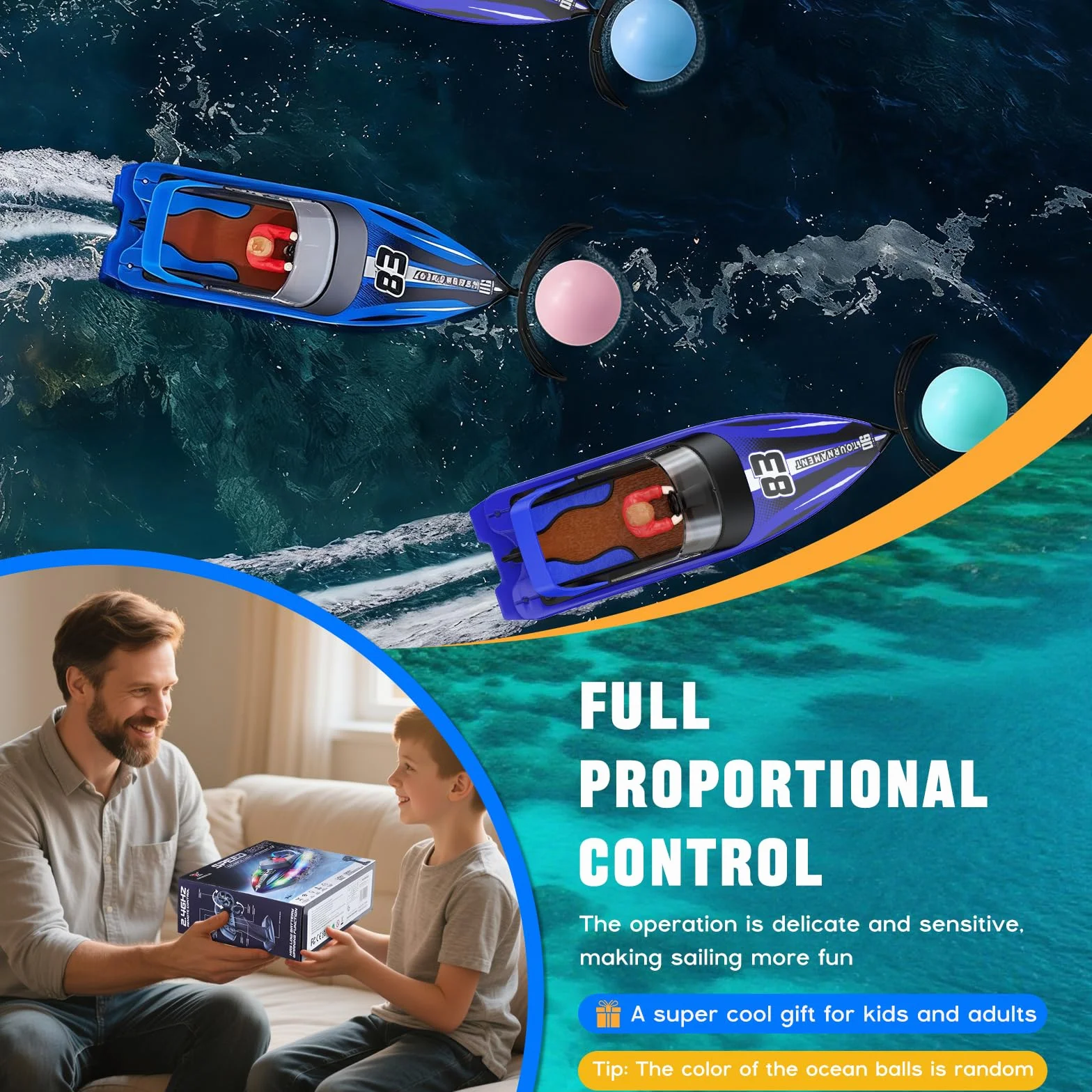 Barco Teledirigido RC con Bola Flotante y Luz LED 15 KM/H 2,4 GHz Barcos de Carreras Rápido para Niños Juguete de Piscina