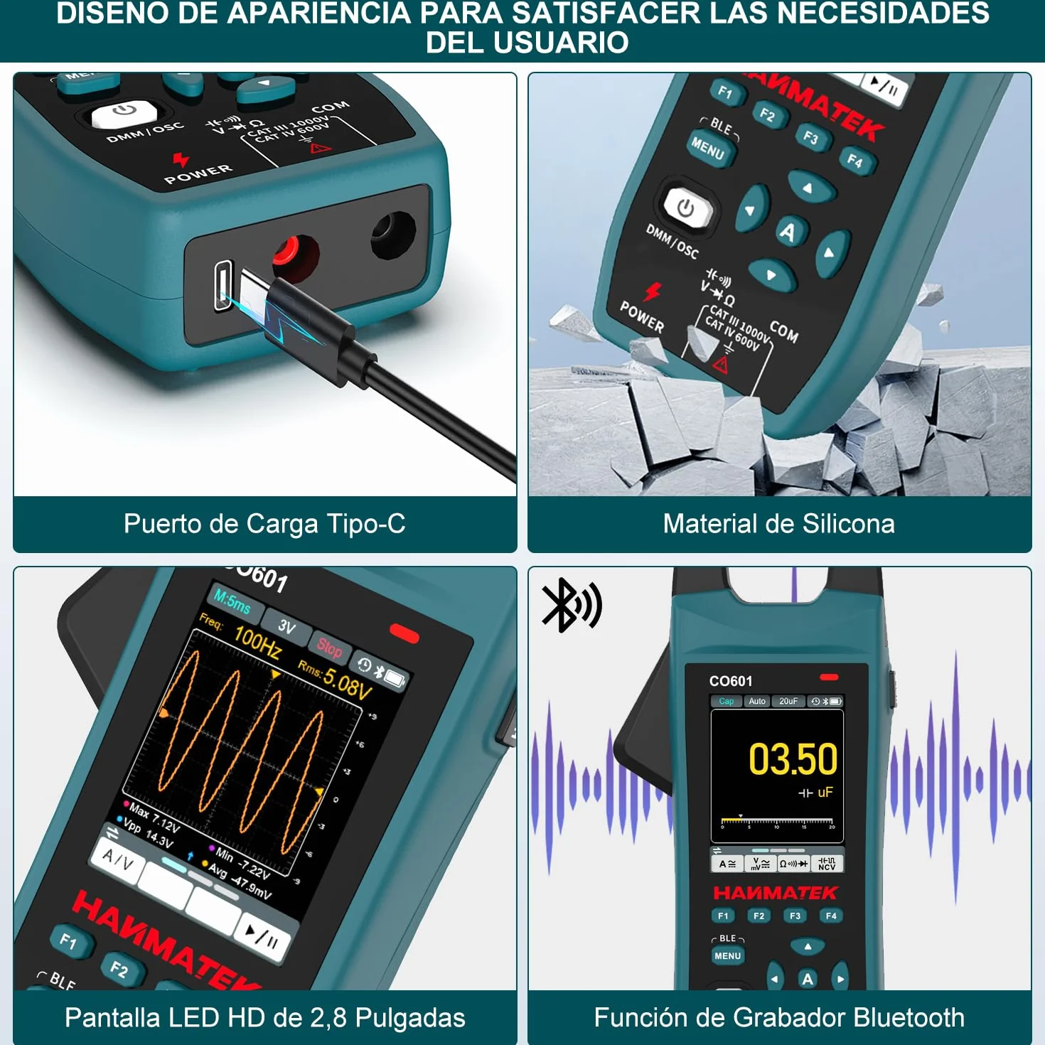 HANMATEK Multímetro con Osciloscopio 2 en 1, Pinza Amperométrica Profesional, 5 MSa/s, Banda 1MHz, NCV, Bluetooth, Pantalla TFT de 2.8", 600A/1000V, CO601