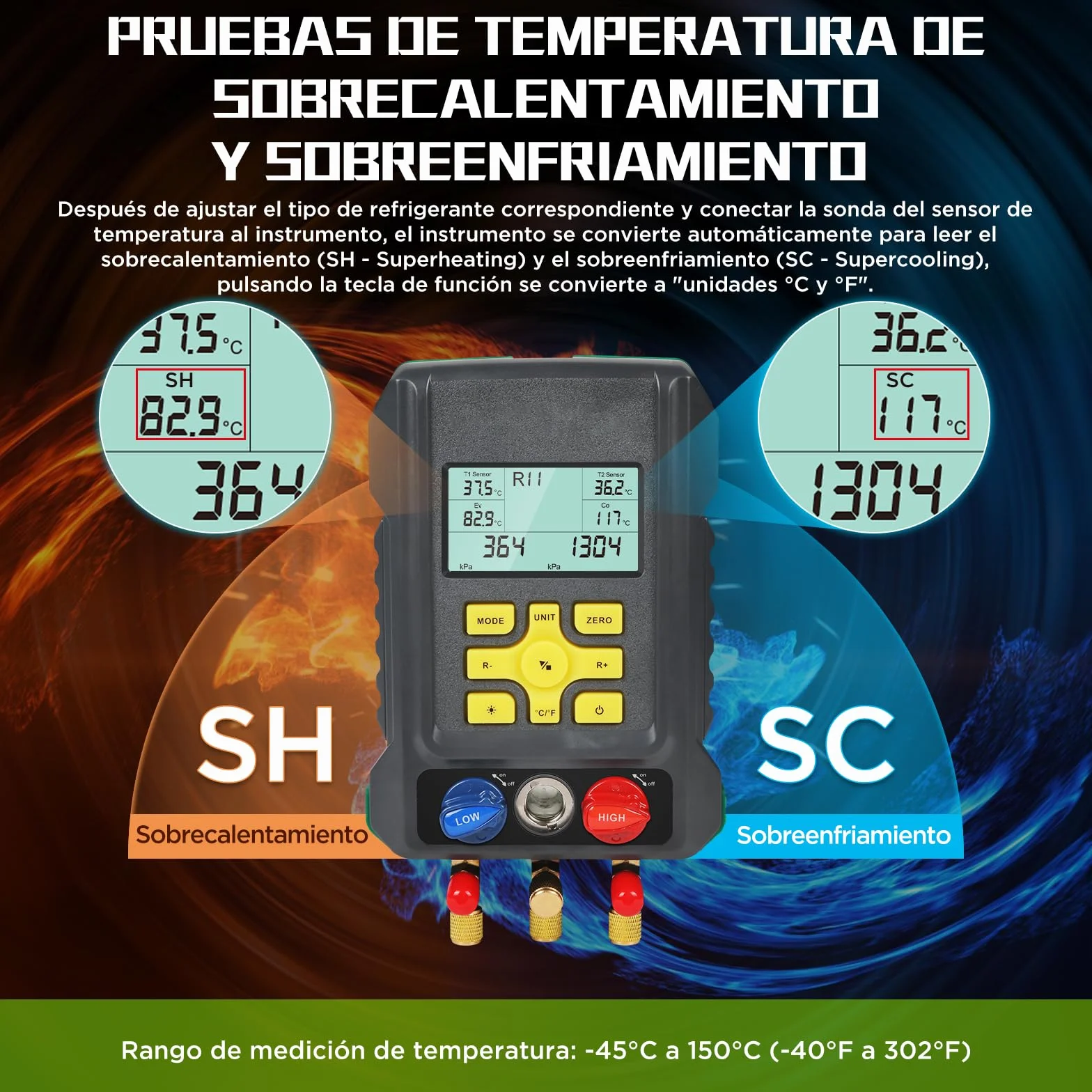 KAISAL Digital Manómetro de Aire Acondicionado Maquina Carga Aire Acondicionado para 93 Refrigerantes R410a R32 R22 R1234YF HAVC Recargardor Manómetro