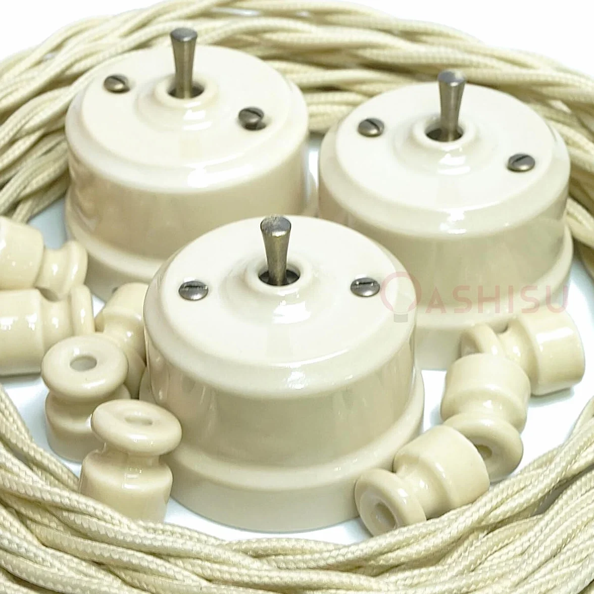 Aisladores de porcelana vintage Ø18 mm beige brillante para cable trenzado textil