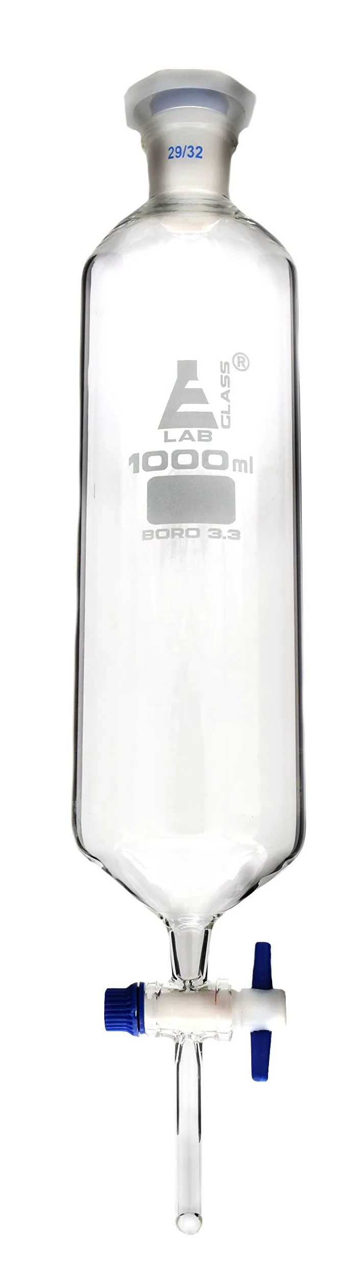 Embudo de caída, 1000ml - Tapón de plástico 29/32 - Llave de paso de PTFE - Cilíndrico - Vidrio de borosilicato - Eisco Labs