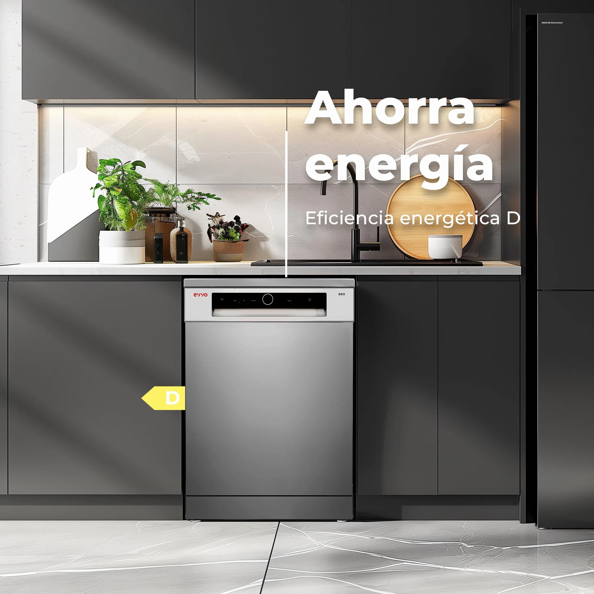 EVVO Lavavajillas 60cm 14 Cubiertos Eficiencia C Programa Media Carga Sensor Inteligente ECO 8 Programas Bandeja Ajustable Inox D3X