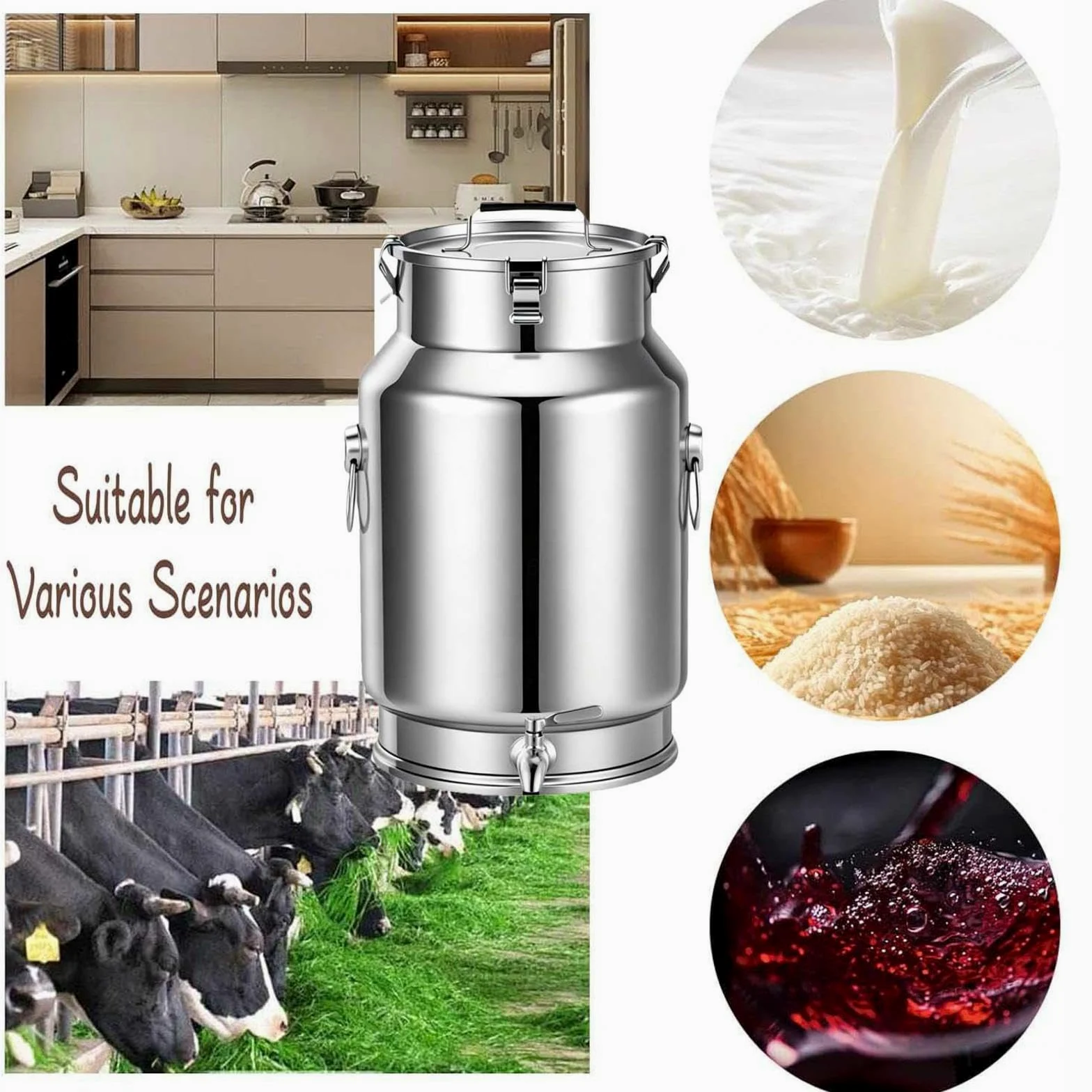 Bidón De Acero Inoxidable para Transporte De Leche con Grifo,A-30L | cubo acero Inoxidable para vino/recipiente para lácteos/bidón de leche/jarra con tapa sell,A-30L