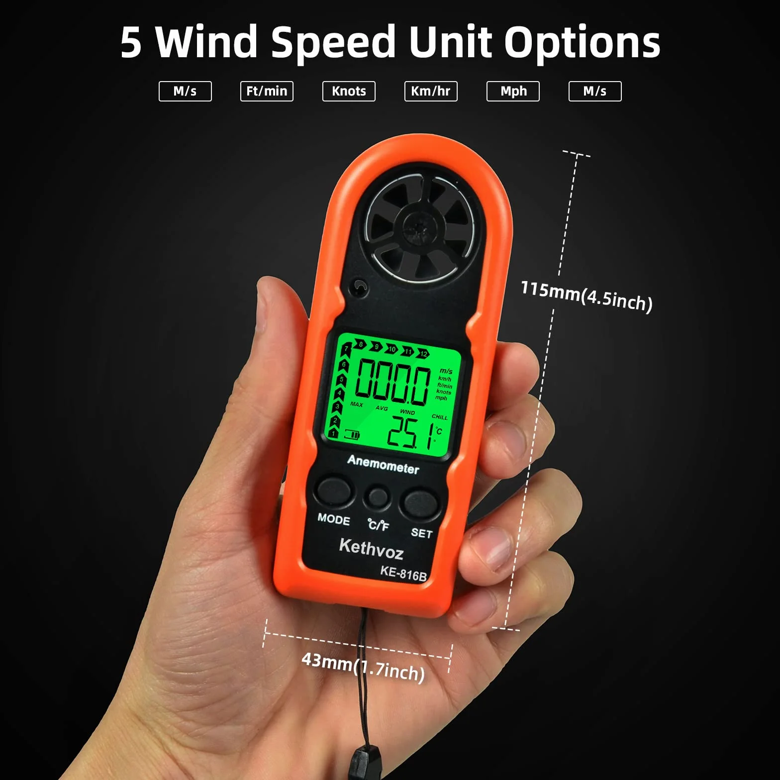 Kethvoz Anemómetro Medidor de Velocidad de Viento de Mano 816B Probador de Viento Mini para Barco Windsurf Vela Dron