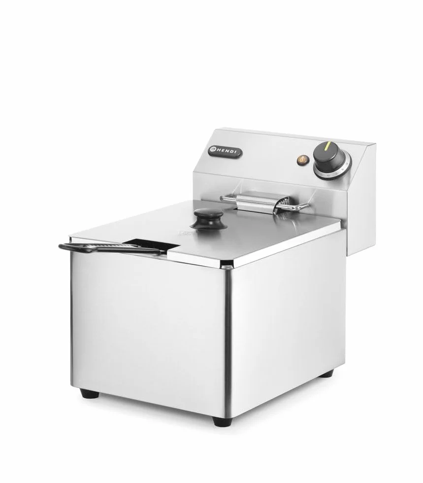 HENDI Freidora eléctrica, T ajustable hasta 190°C, termostato de seguridad, zona fría, con tapa y cesta de freír, tanque de aceite extraíble, 8L, 230V, 3500W, 265x430x(H)345mm, acero inoxidable
