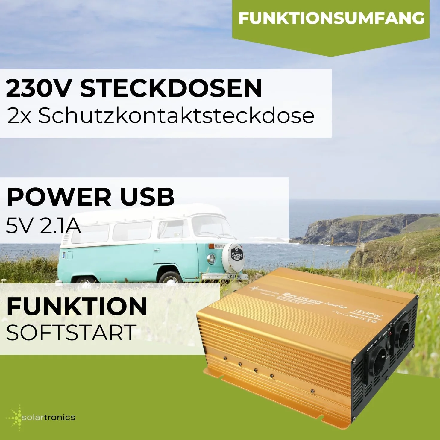 Convertidor de Tensión 24V 1500 3000 Watt Reiner Sinus Power USB 2.1 a Gold Edition