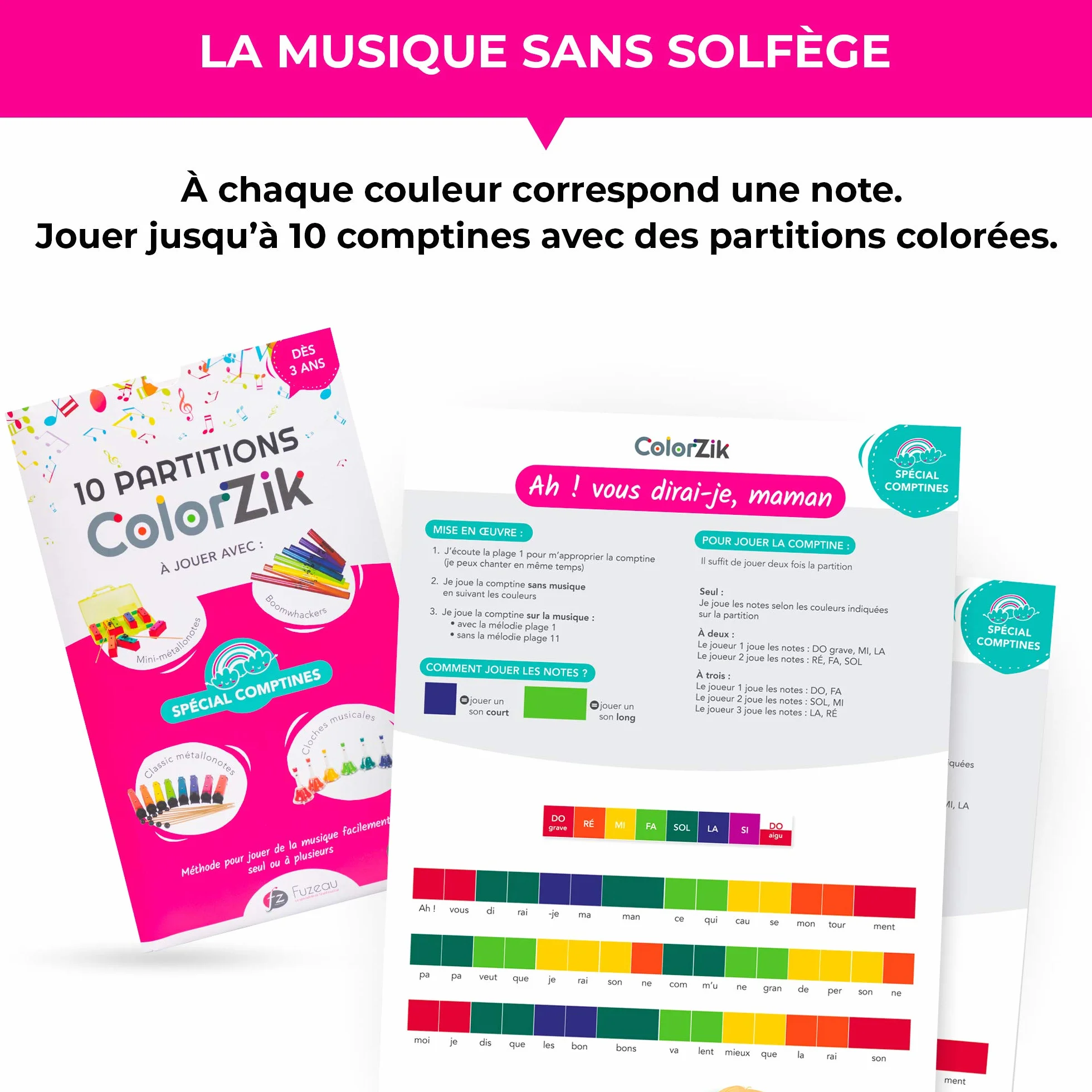 Fuzeau Folleto musical pedagógico CD de audio Colorzik Comptines 10 partituras codificadas en colores con letras Método para reproducir música sin solfeo a partir de 3 años