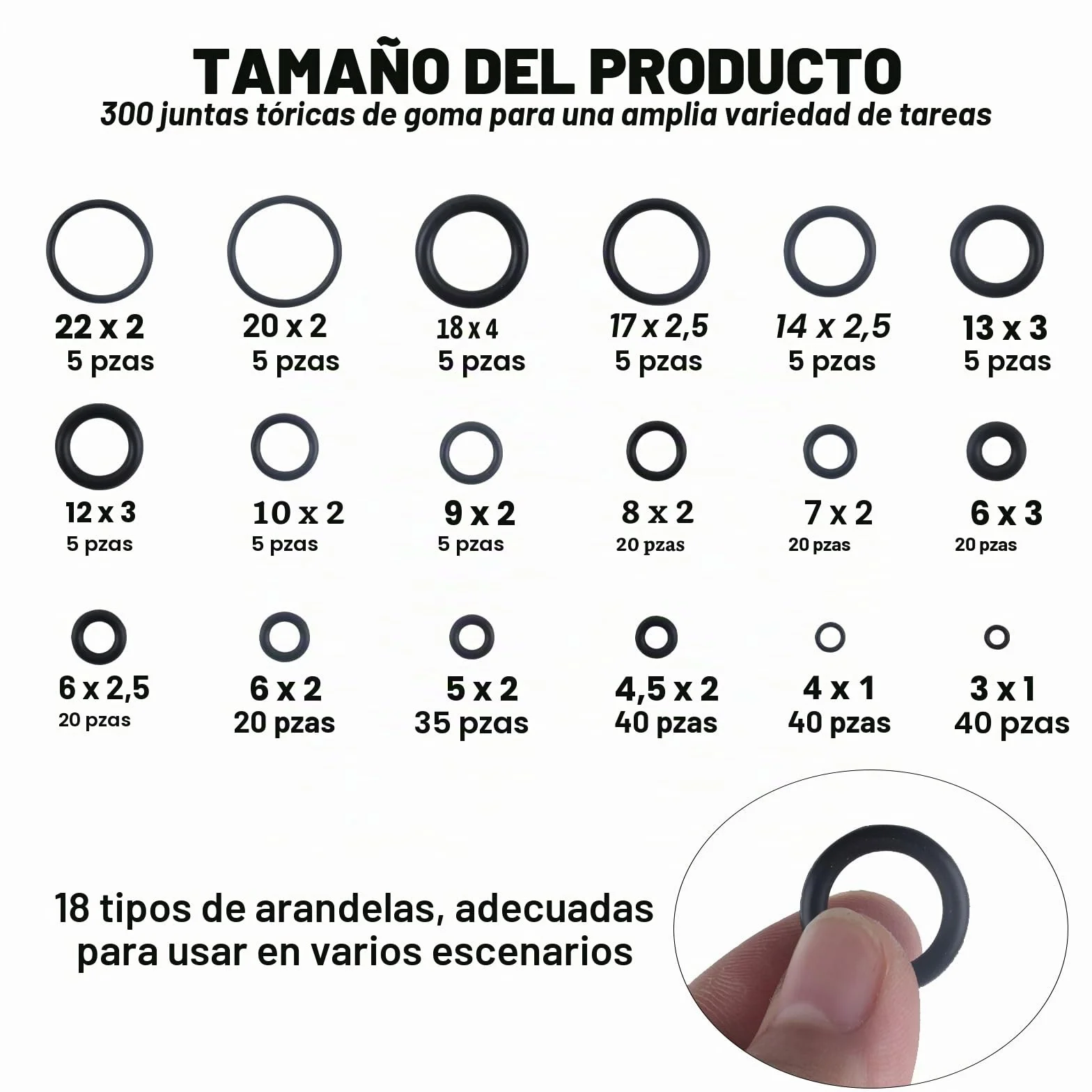 Juntas Tóricas de Goma 300 Piezas Juego de Surtido Anillos Tóricos Arandelas de Sellado 18 Tamaños