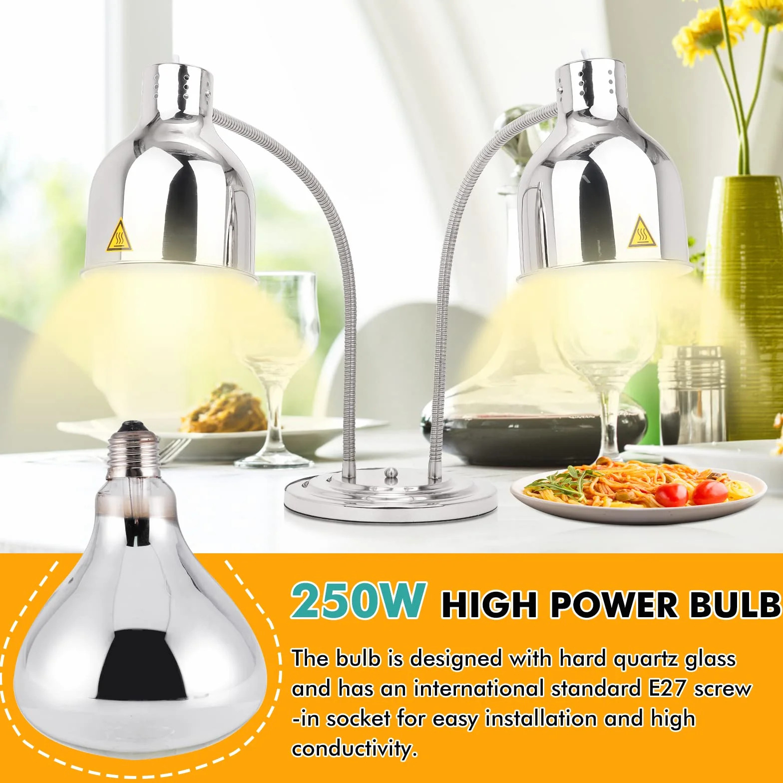 YJINGRUI Lámpara de calentamiento de alimentos 2 x 250 W plateada manguera extensible 70 cm buffet cocina restaurante