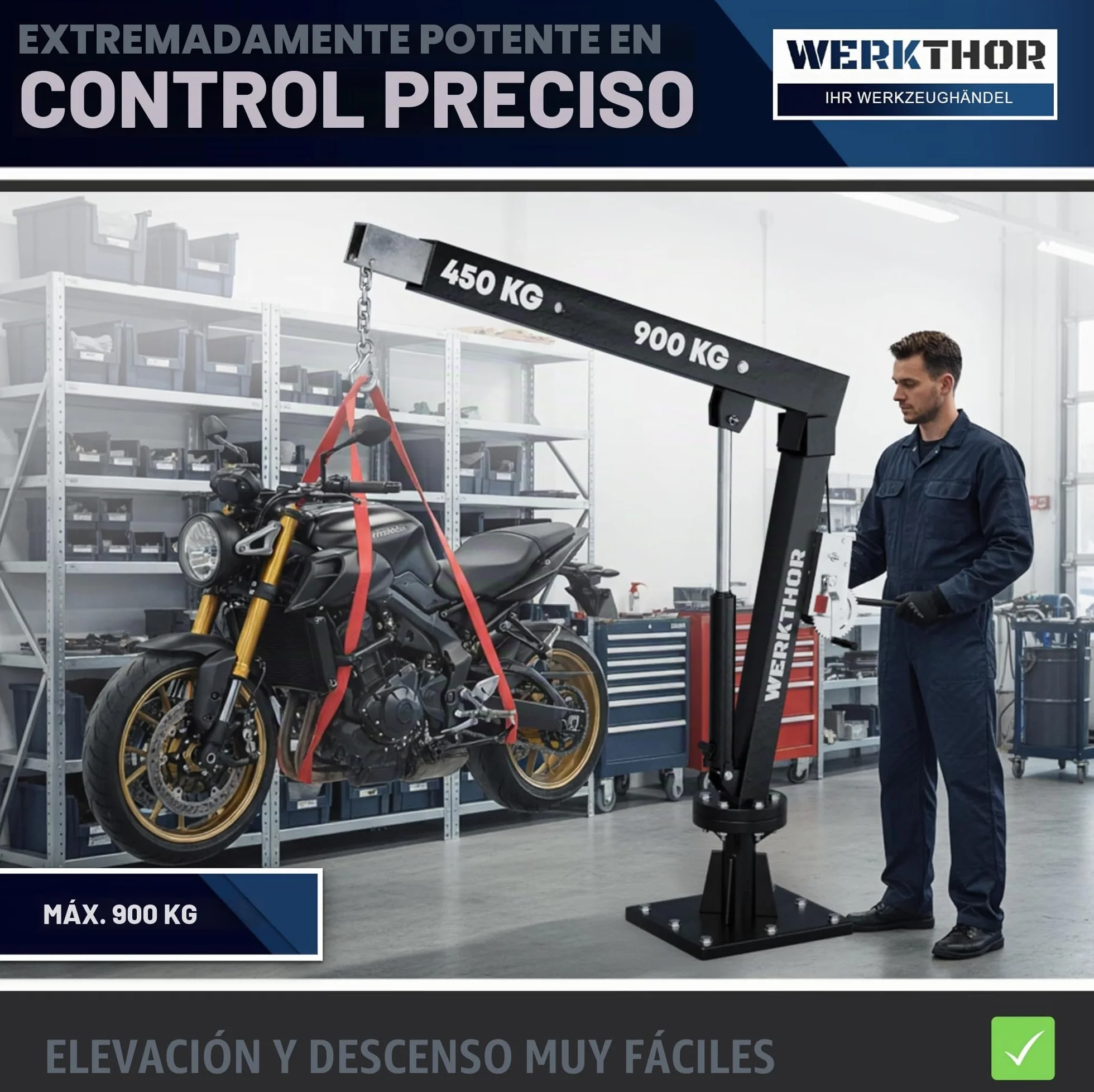 WERKTHOR Grúa de carga para Pick Up 900 kg con cabrestante e hidráulica – Grúa Pick Up para remolque y plataforma giratoria 360° – Mini grúa incl. material de montaje y base sólida – Grúa de taller