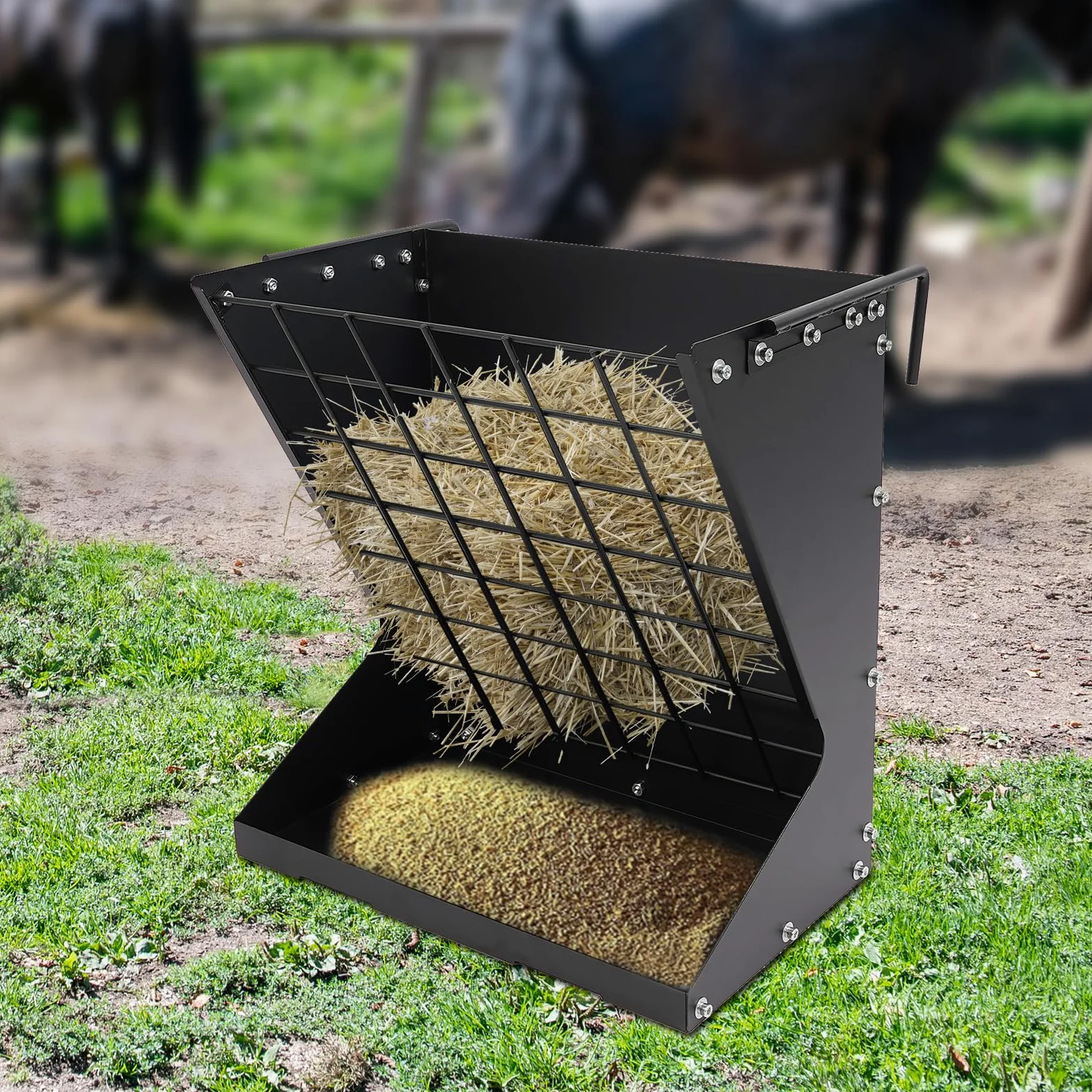 2 en 1 heno y grano/alimentador independiente de cabras comederos de heno para caballos, cabras y heno alimentador adecuado para la alimentación de ovejas, caballos, vacas, etc. (negro)