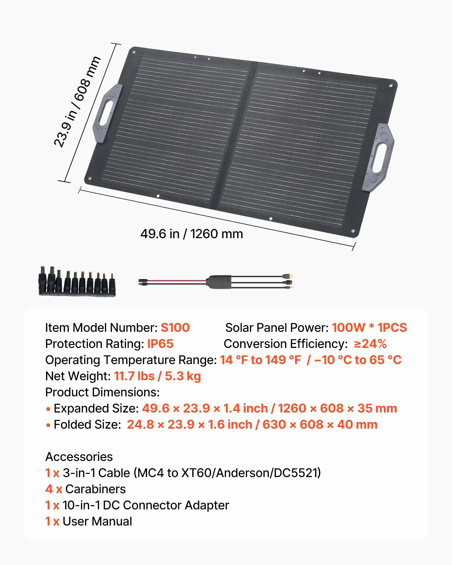 VEVOR Placa Solar Plegable 100W, Panel Solar Monocristalino Portátil con Puertos USB MC4 DC, Alta Eficiencia 24%, IP65 Impermeable, Compatible con Estaciones de Energía Acampadas Autocaravanas Viajes
