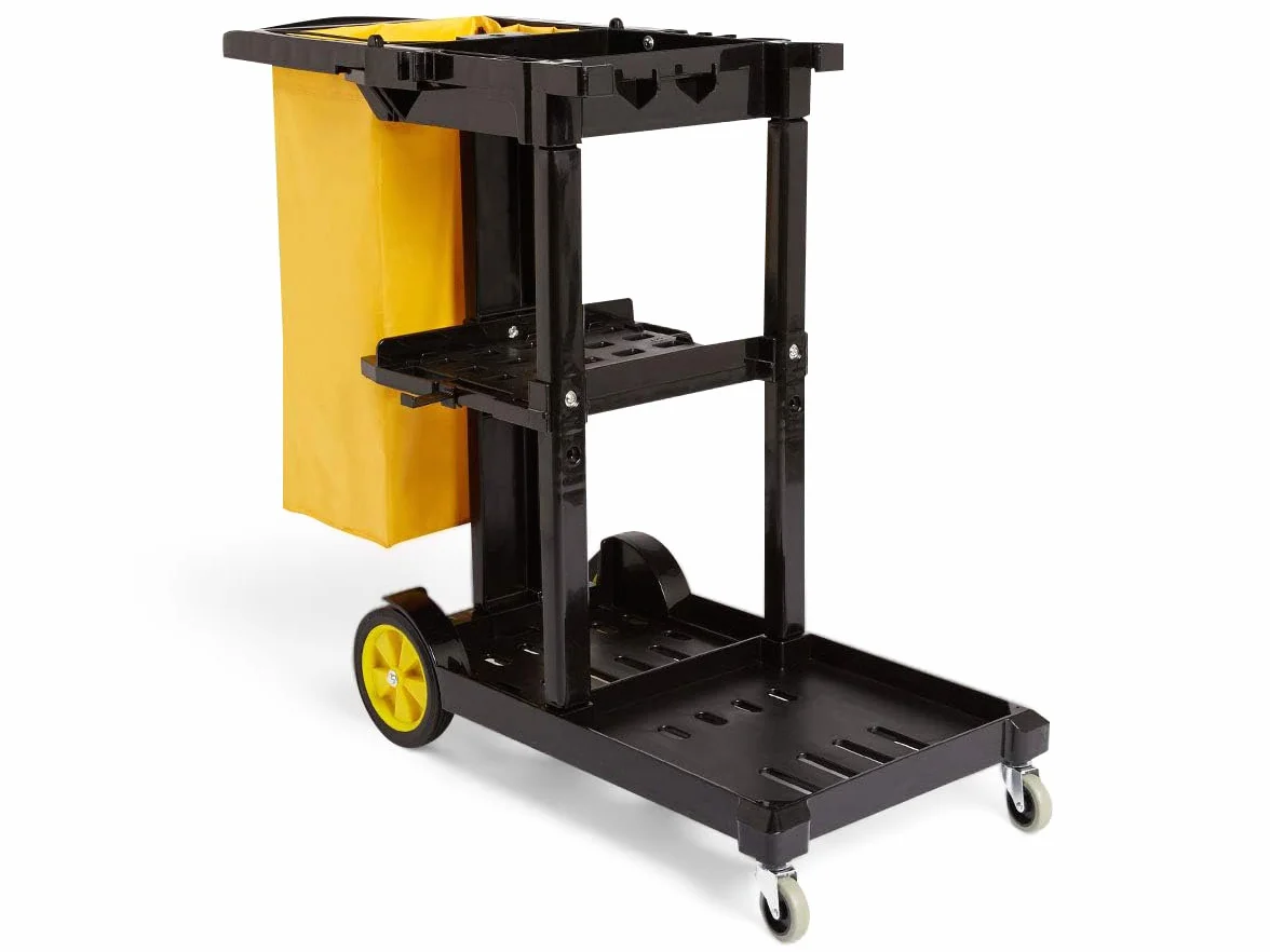Amazon Basics Carro de limpieza con bolsa con cremallera y 2 estantes, Negro/Amarillo