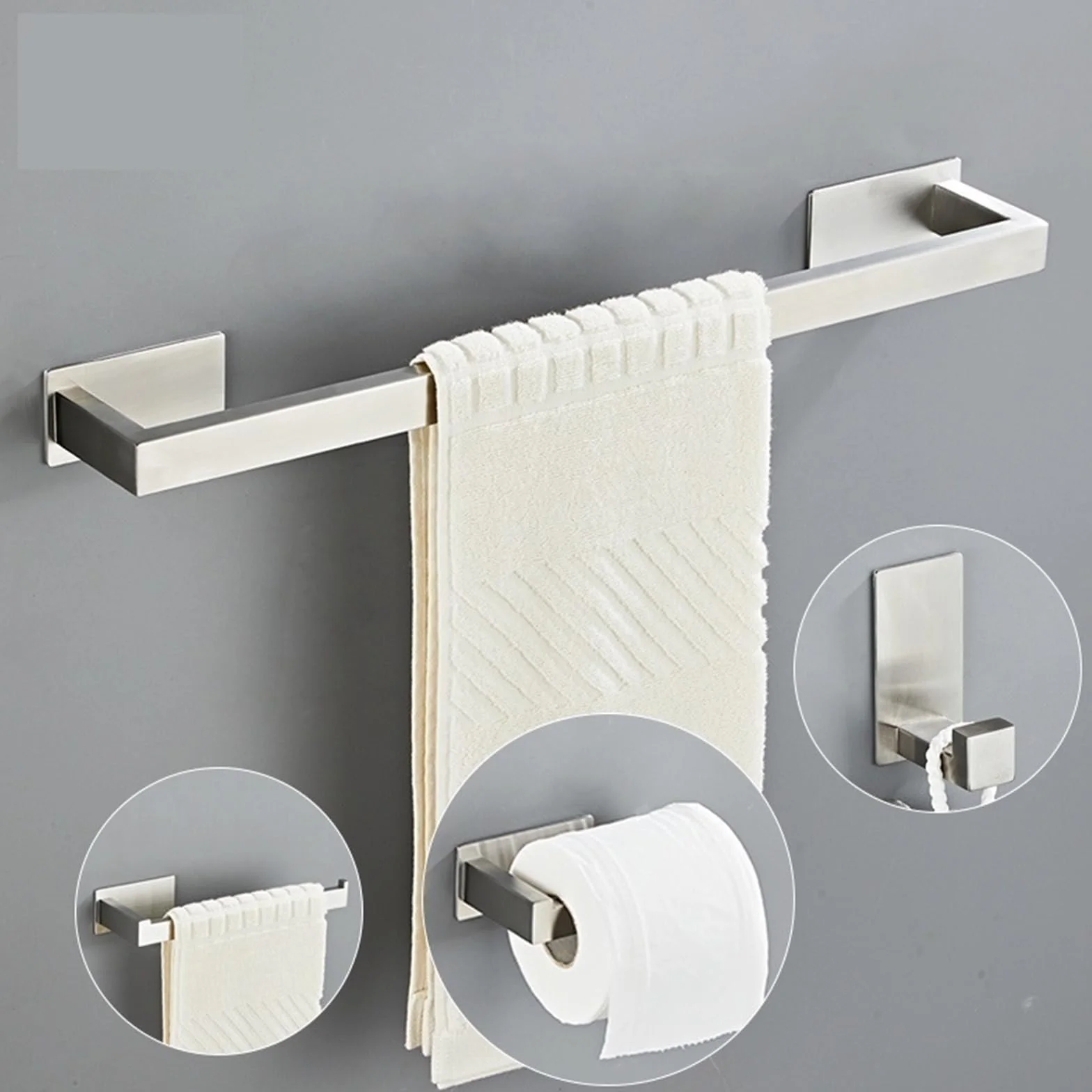 Juego de Accesorios de Baño de Acero Inoxidable Plateados, Toallero, Soporte de Papel Higiénico, Gancho, 4 Piezas
