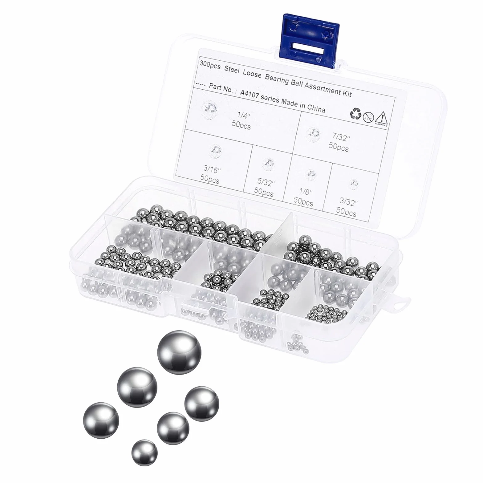 300uds Precisión Bolas - [1/4" 7/32" 3/16" 5/32" 1/8" 3/32"] 6 Tamaños Carbono Acero para Rodamientos Válvulas Uso, Sólido