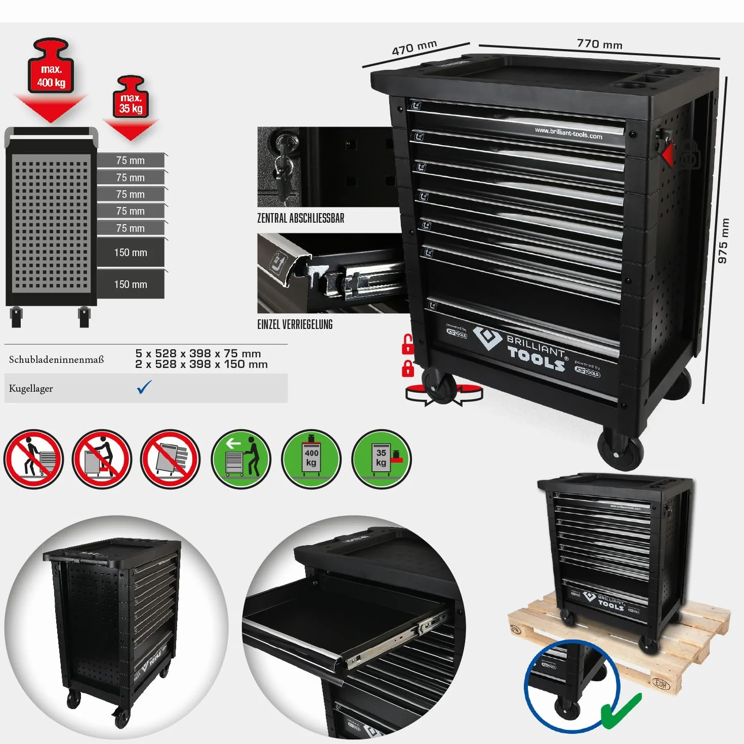 BRILLIANT TOOLS BT152900 Carro de taller con 7 cajones, vacío [Powered by KS TOOLS]