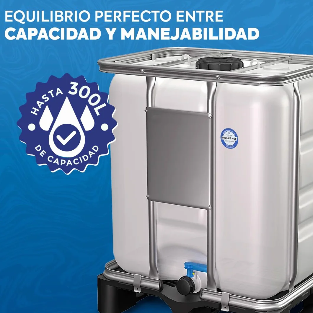 Depósito IBC 300 litros - Contenedor Plástico Industrial Compacto con Palet Plástico, Homologado UN y ADR, Ideal para Almacenamiento Seguro de Agua, Líquidos Alimentarios y Químicos.