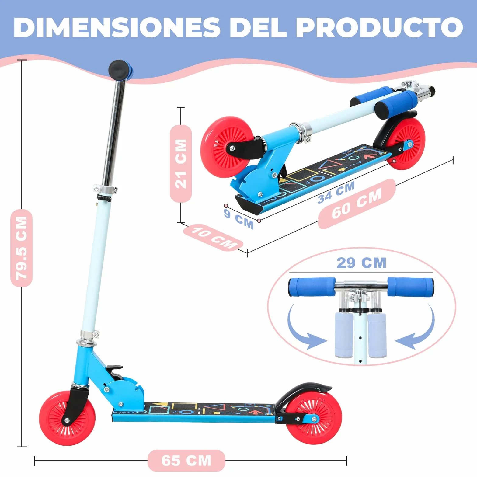 Patinete Scooter Plegable para Niños 4-6 Años, Manillar Ajustable 72-82cm, 2 Ruedas, Freno Posterior, 50kg