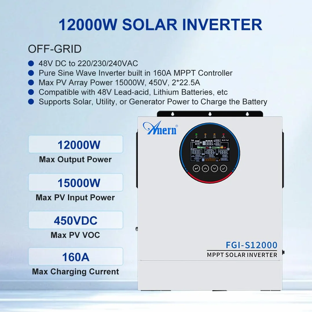 Anern Inversor Híbrido 12000W 48V CC A 220-240V CA,Inversor Solar AutóNomo, Controlador De Carga Mppt 160 A Integrado,Doble Entrada Fotovoltaica, Doble Salida De Ca,Puede Funcionar Sin Batería