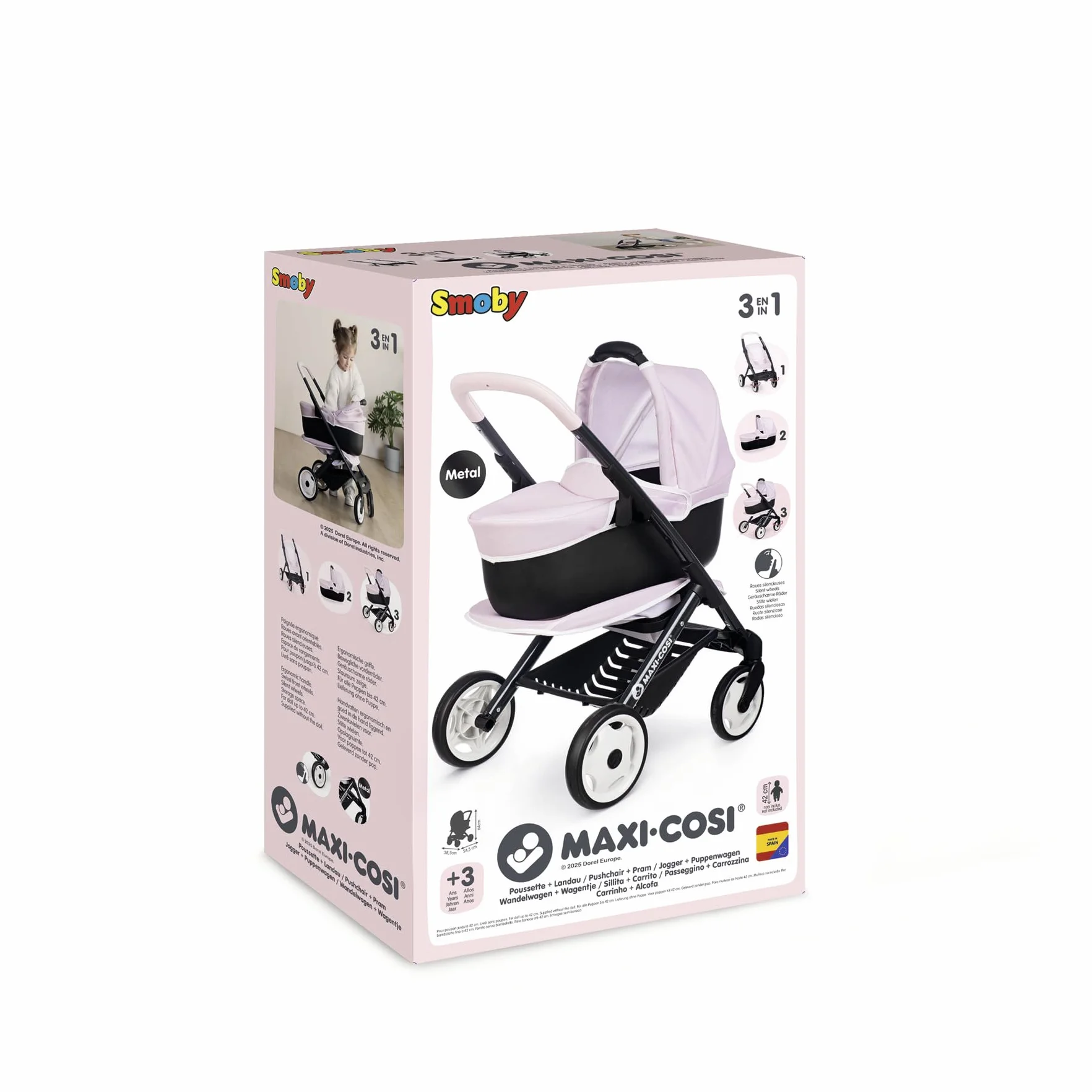 SMOBY Carrito Combi 3 en 1 Maxi-Cosi Rosa Capazo extraíble Silla de Paseo Cochecito para muñecas 42 cm Desde 3 años