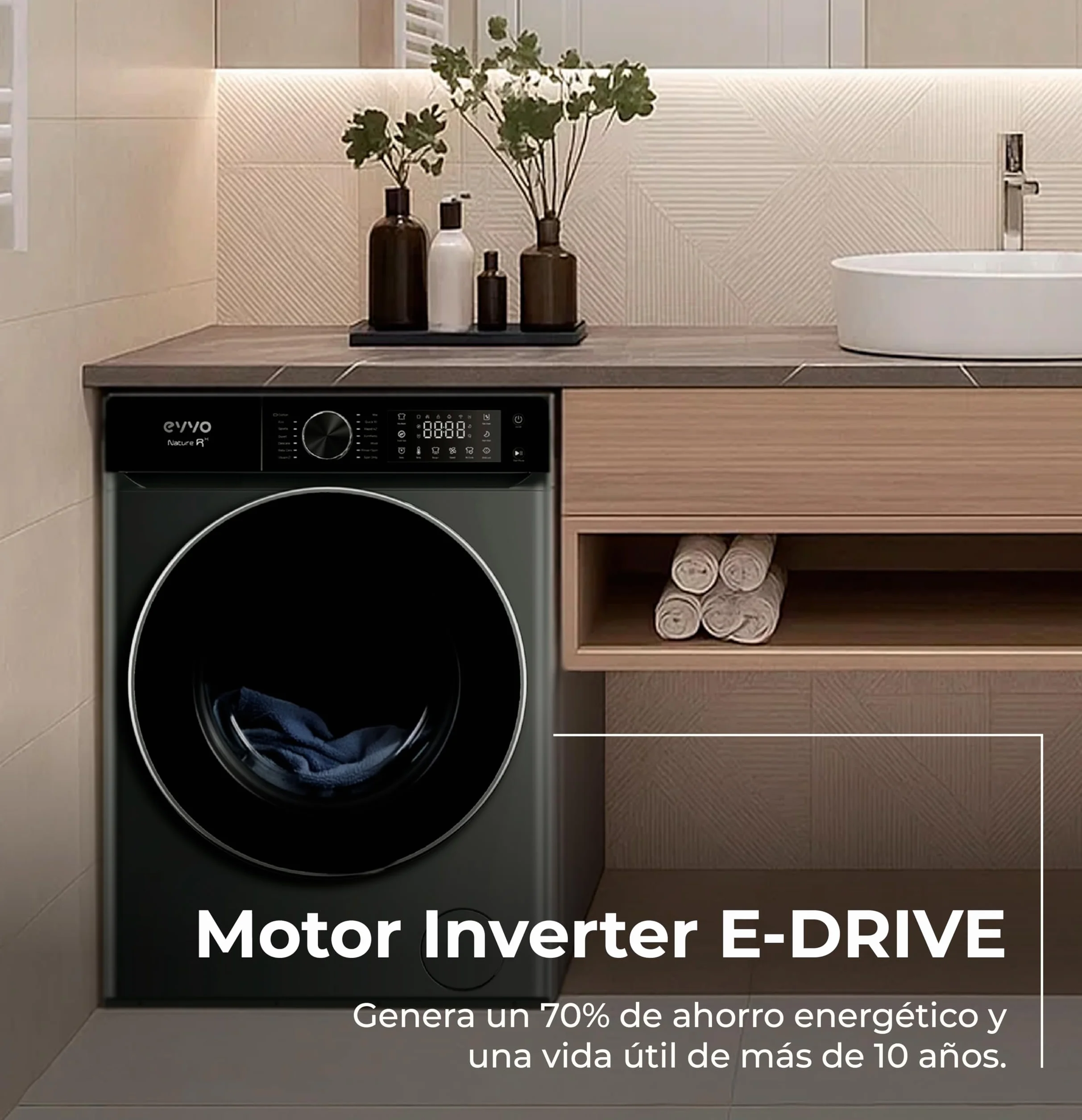 EVVO Lavadora NATURE R 10 Kg 1400 RPM Clase A Vapor Higienizante Tambor ePROTECT Diamante Motor Inverter