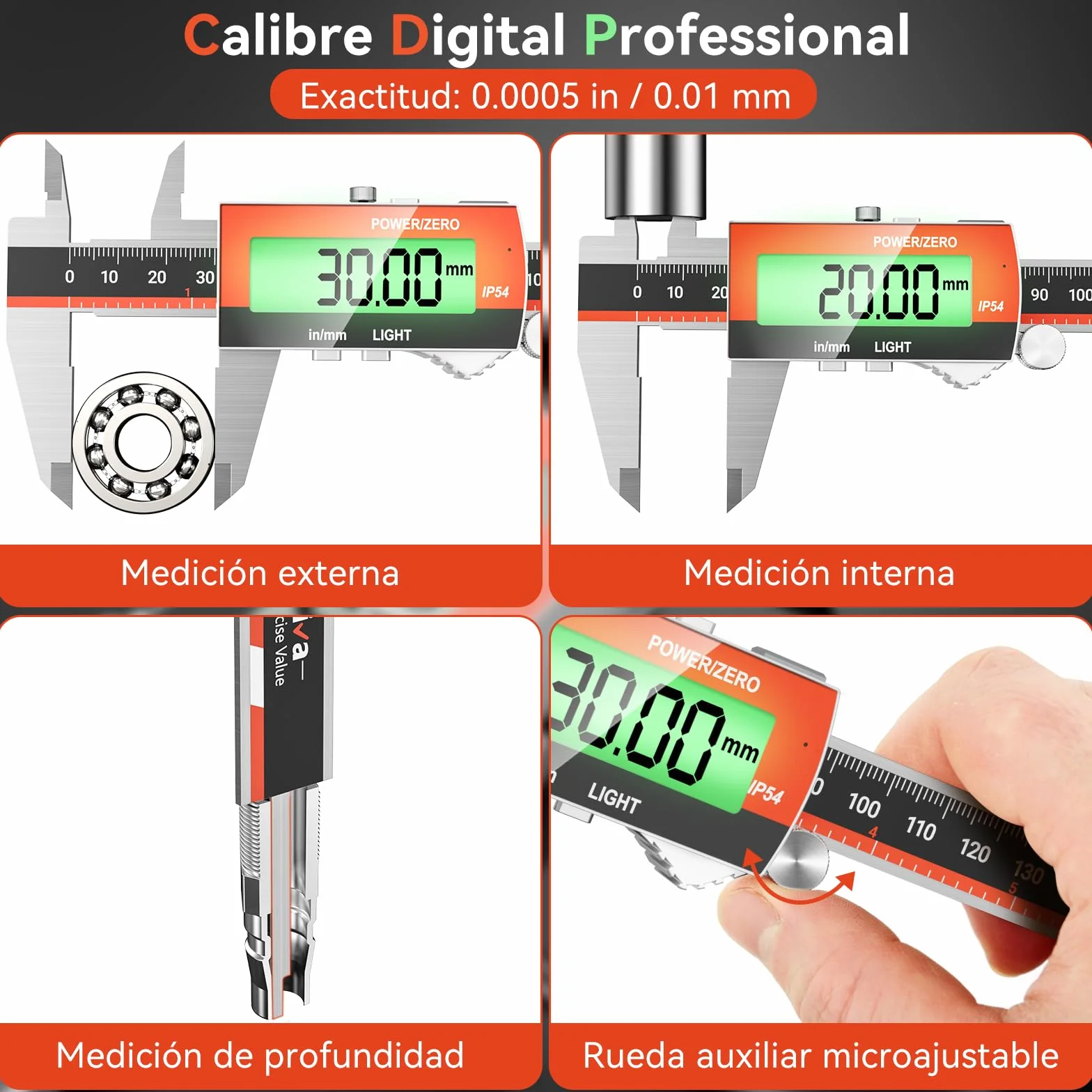 Preciva Calibre Digital Recargable Pie de Rey Electrónico Pantalla LCD Retroiluminada Acero Inoxidable Micrómetro Preciso USB