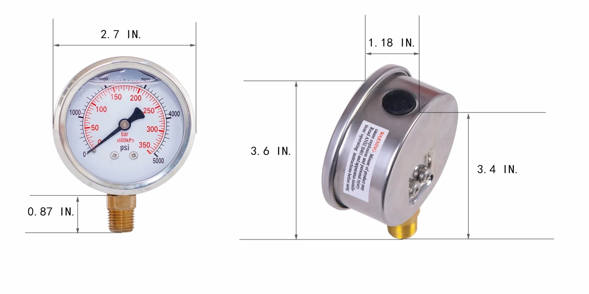 Manómetro lleno de glicerina 2,5" 1/4 montaje inferior 30, 60,100,160, 200, 300, 400,600,2000,3000,5000,10000(0-10000psi 0-700 bar)