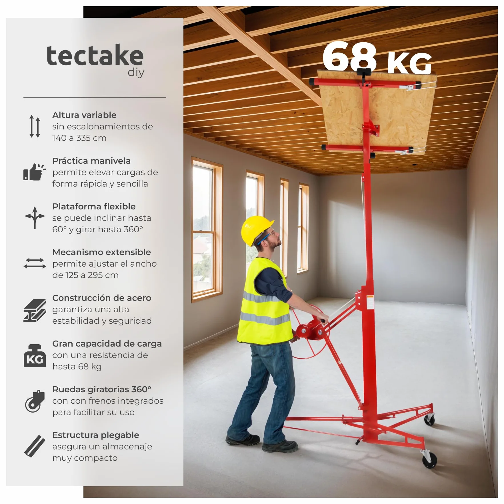 TecTake® Elevador Placas de Yeso, Pladur Profesional, Herramientas para Pladur, Plataforma Elevadora, Maquina de Pladur, Caballete Extensible, Planchas de Pladur, Carga 68 kg - Rojo