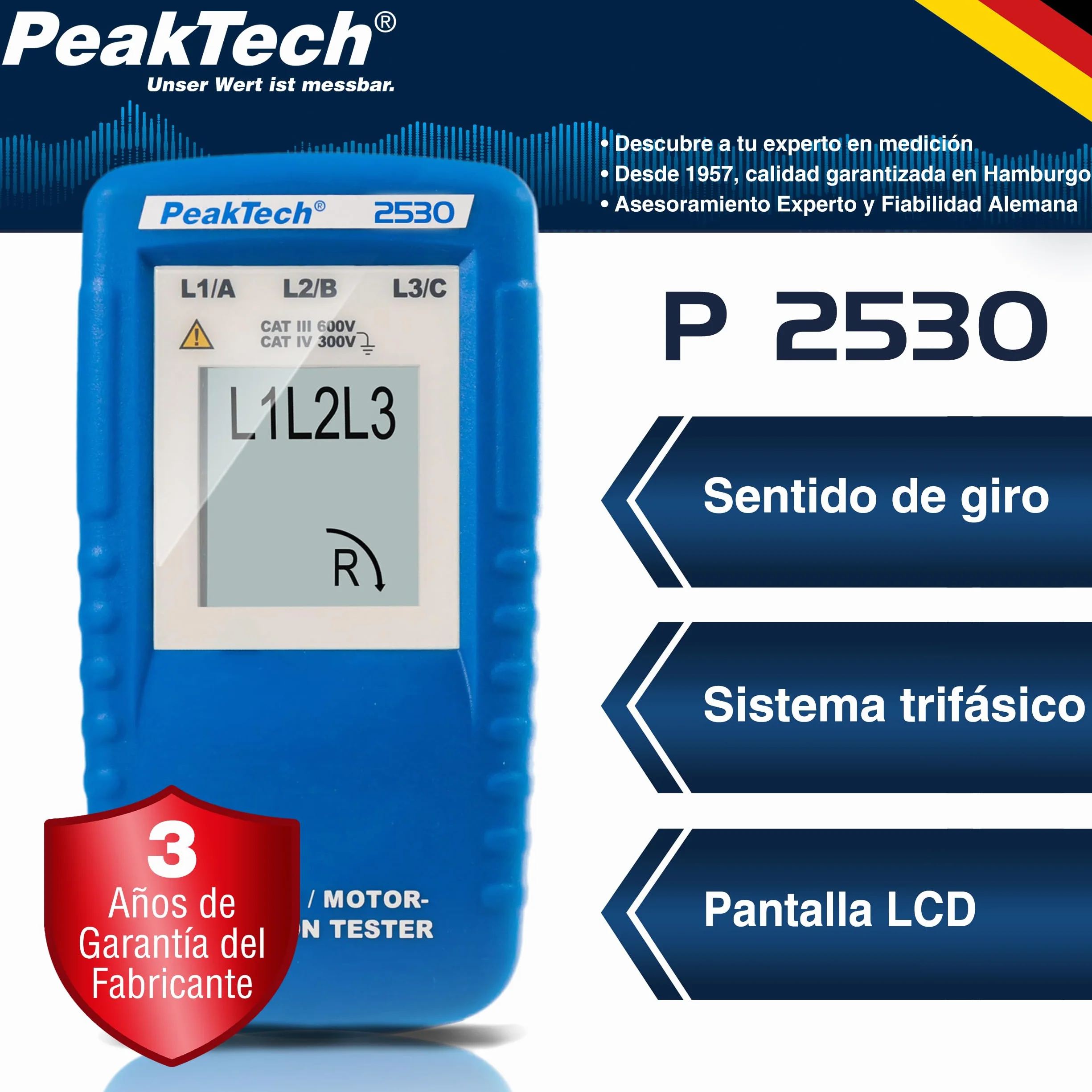 PeakTech 2530 Medidor de campo giratorio trifásico con pantalla LCD P 2530