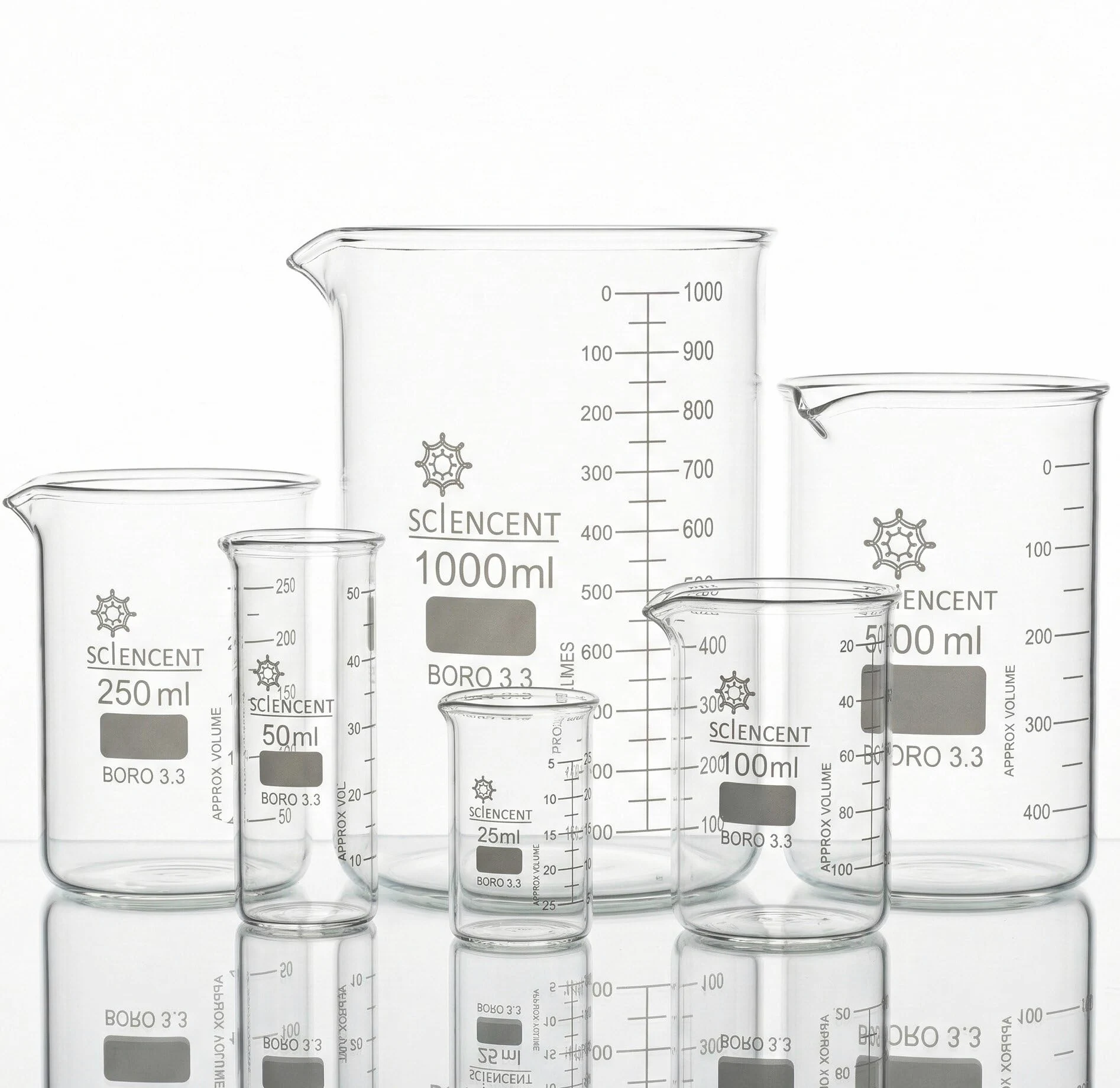 Vaso de cristal transparente de 50 ml, 100 ml, 250 ml, 500 ml, 1000 ml vaso medidor de borosilicato, vaso de cristal para escuela, química, laboratorio, suministros de estudio. Glass Beaker set of 5