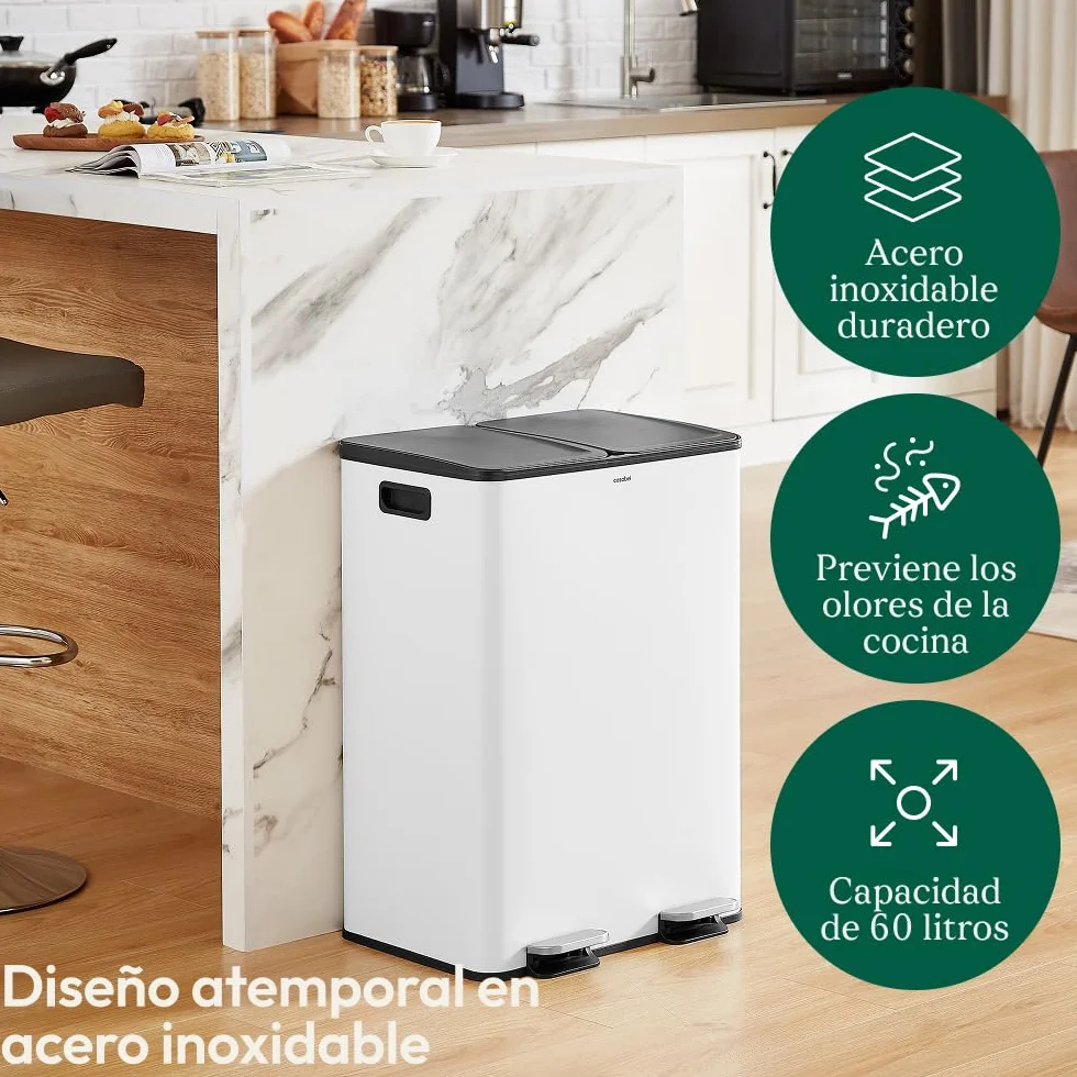CASABEL Cubo de Basura Selectiva 60L, 2 x 30 Litros, Compartimentos Dobles 2x30L, Acero Inoxidable blanco, Papelera de Reciclaje de Pedal Rectangular, Anti Trazas, Anti Olores