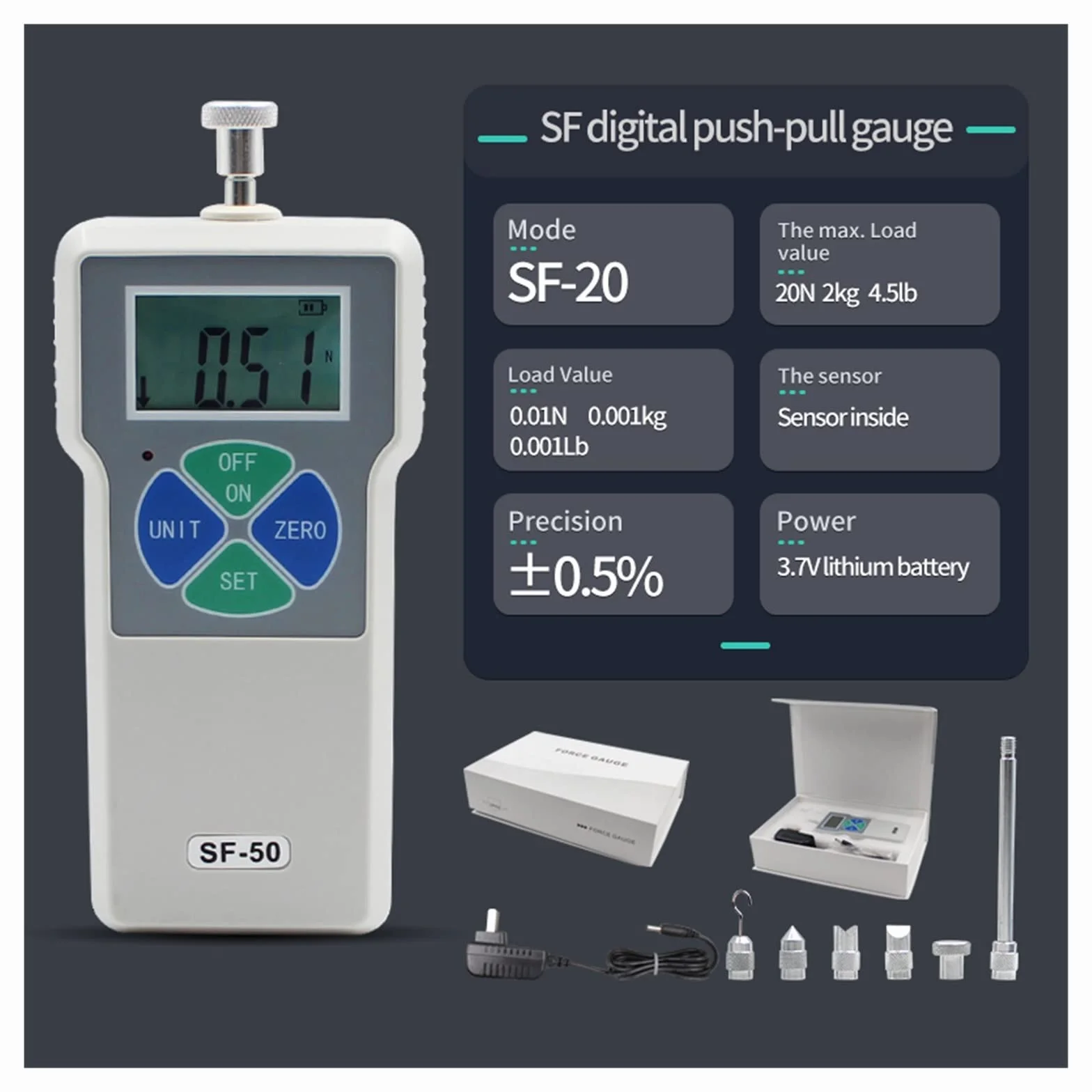 Medidor de fuerza digital, 200N Force Tester Gauge Meter Medidor de fuerza digital Cuatro unidades Lb, N, Kg, Portable Pull Push Force Gauge Instrumento de medición Dinamómetro(SF-20)