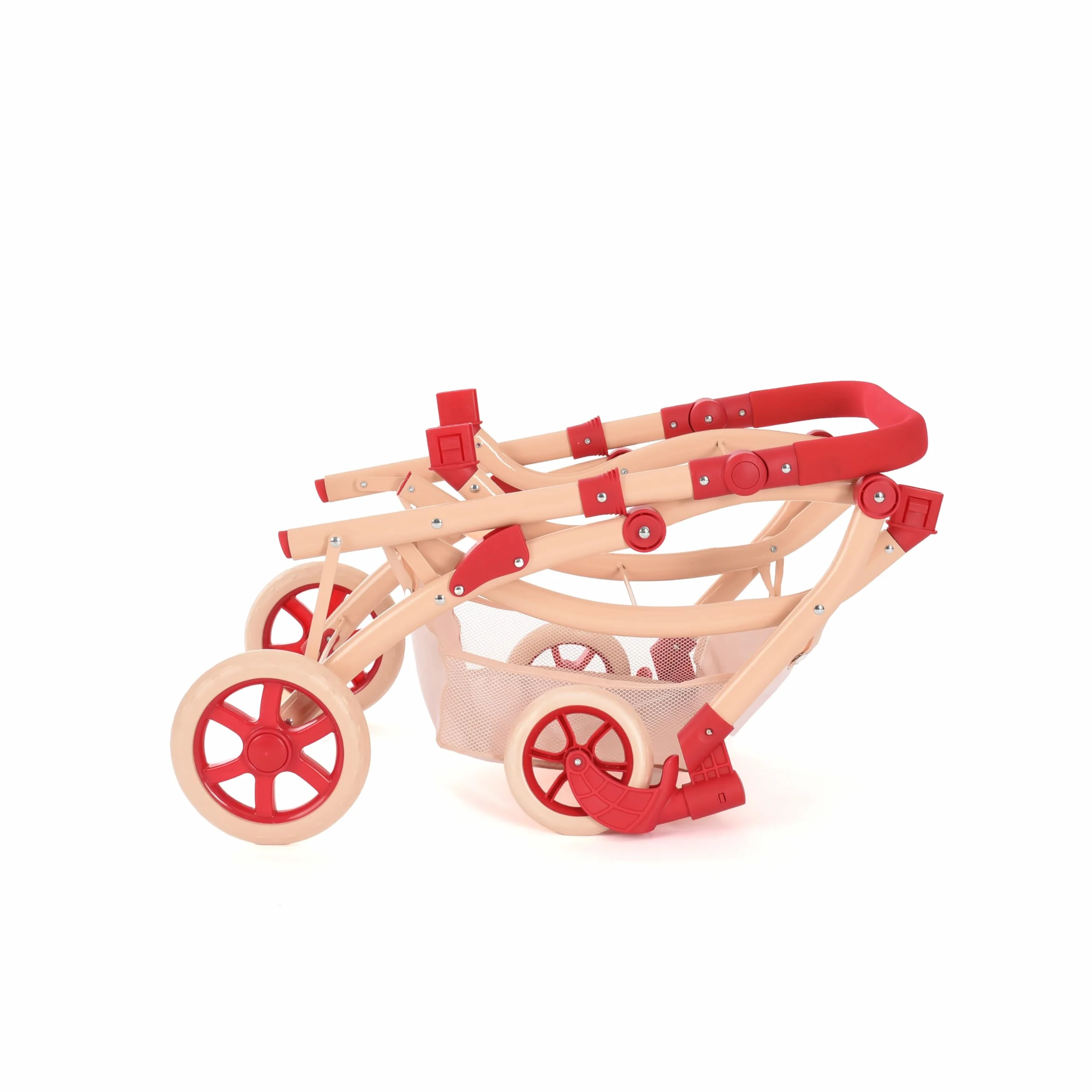 Cochecito para Muñecas Gemelas Roma RHS Flora, Silla de Paseo Doble, Color Crema y Rojo Baya, Manillar Ajustable 69-84 cm