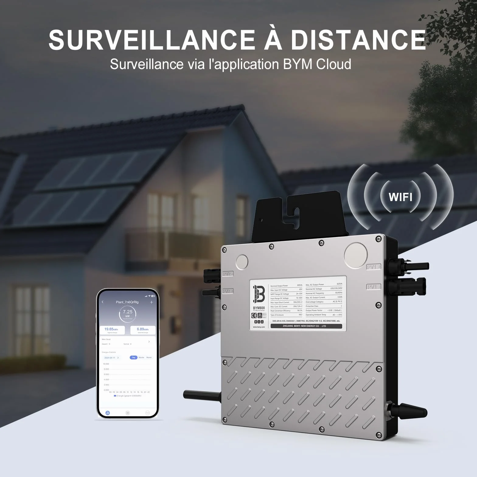 BENY Microinversor 800W- Inversor de conexión a Red con WLAN, Control App- Inversor de 800W a 600W Ajustable- IP67 Resistente al Agua- Cable de conexión de 5M de Largo- Plug and Play