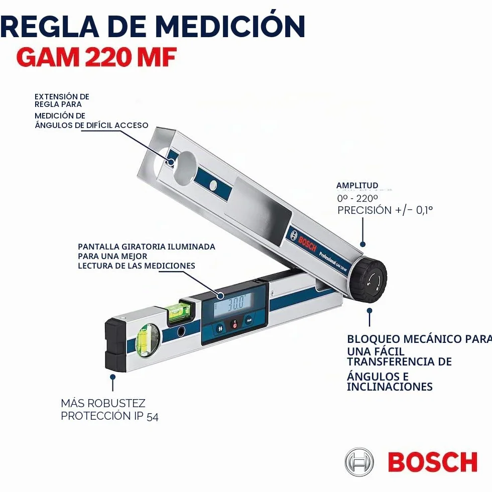Bosch Professional Medidor digital de ángulos GAM 220 MF (cálculo de ángulos de inglete, margen de medición: 0 - 220º, longitud: 40 cm)
