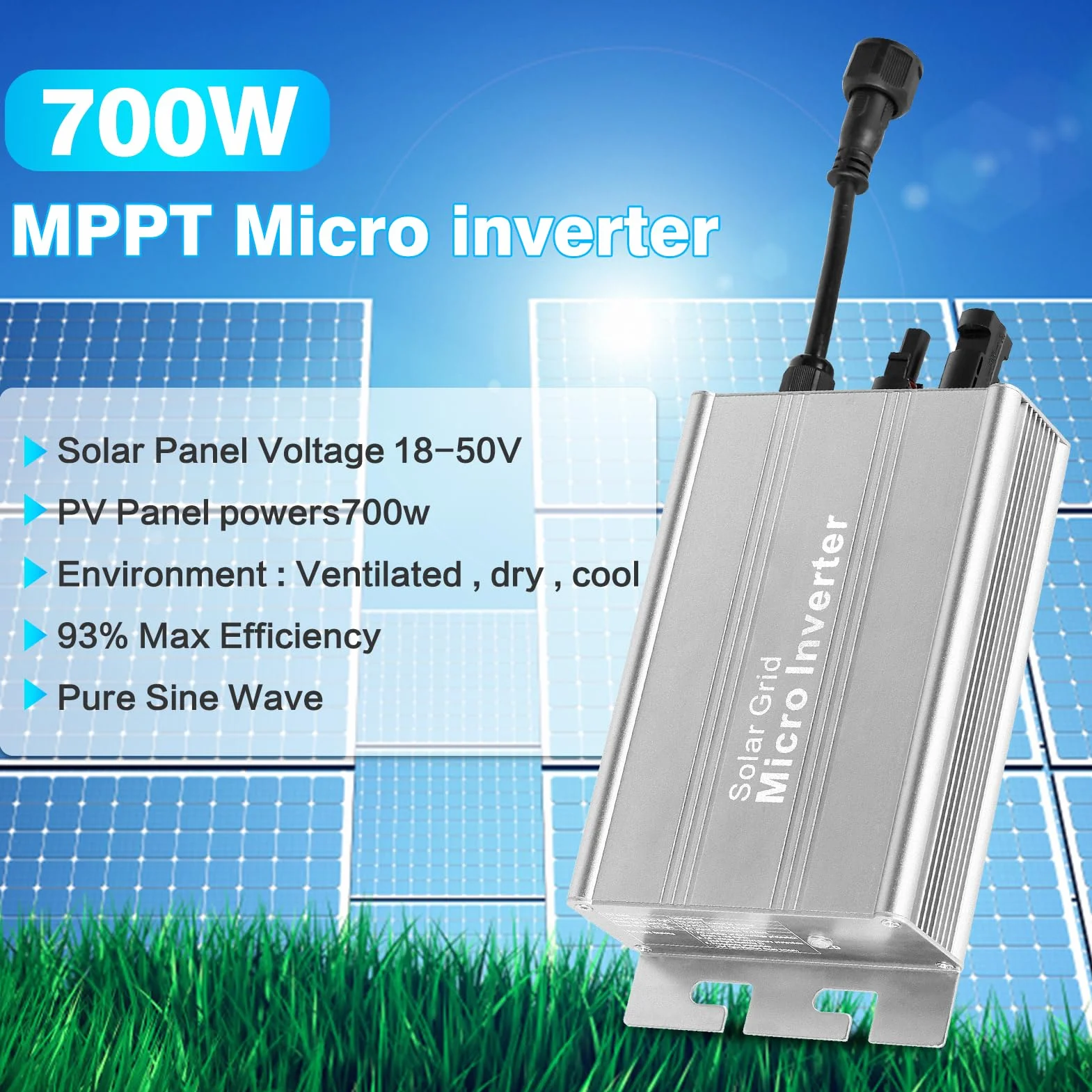 DEWIN Microinversor, Microinversor Solar 700W 230V Inversor de Onda Sinusoidal Conectado A la Red IP55 Inversor de Conexión A la Red Solar de Aleación de Aluminio A Prueba de Agua