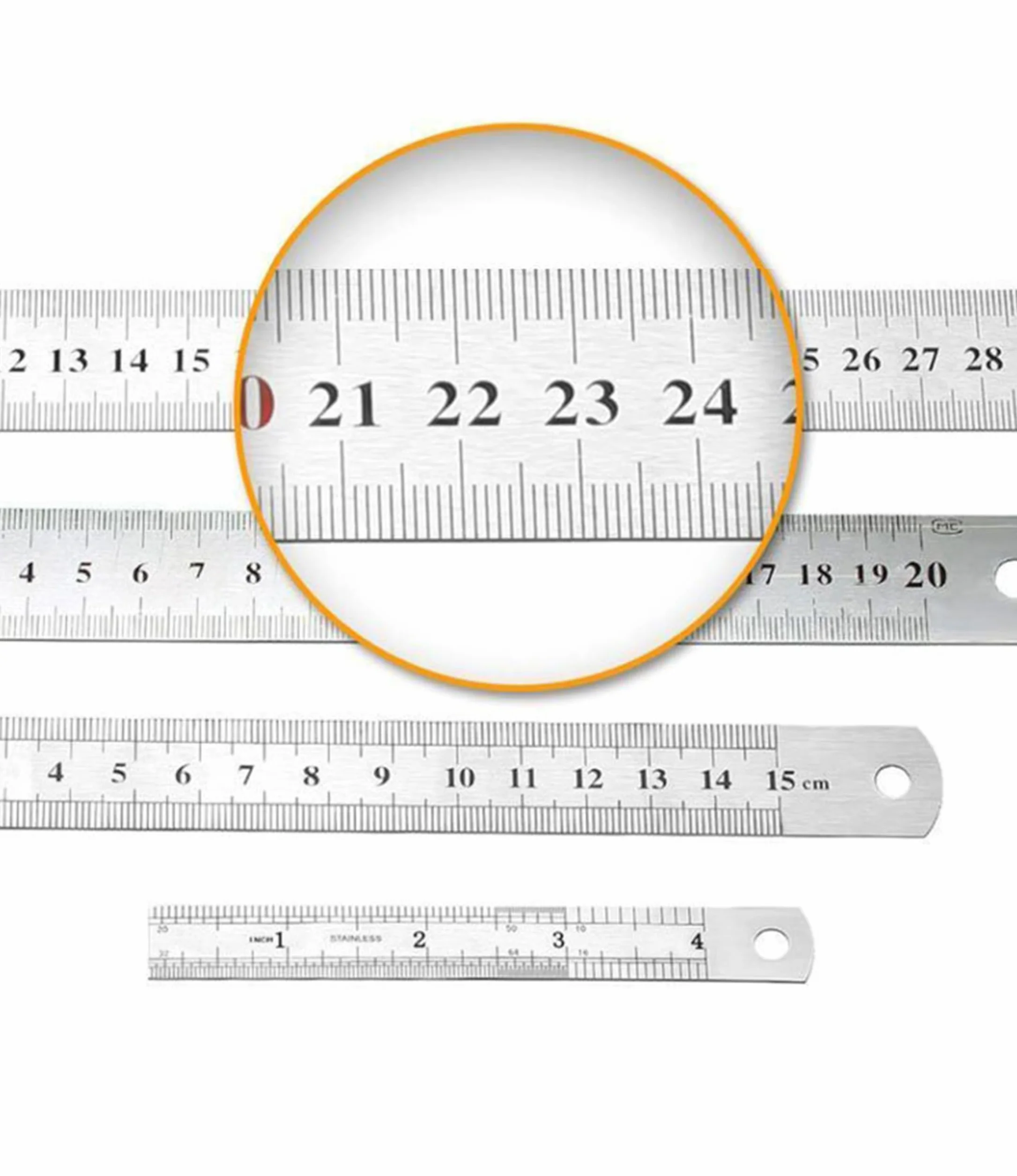 Regla Metálica 60 cm y 50 cm, Precisión en Cm y Pulgadas, Resistente con Orificio para Colgar