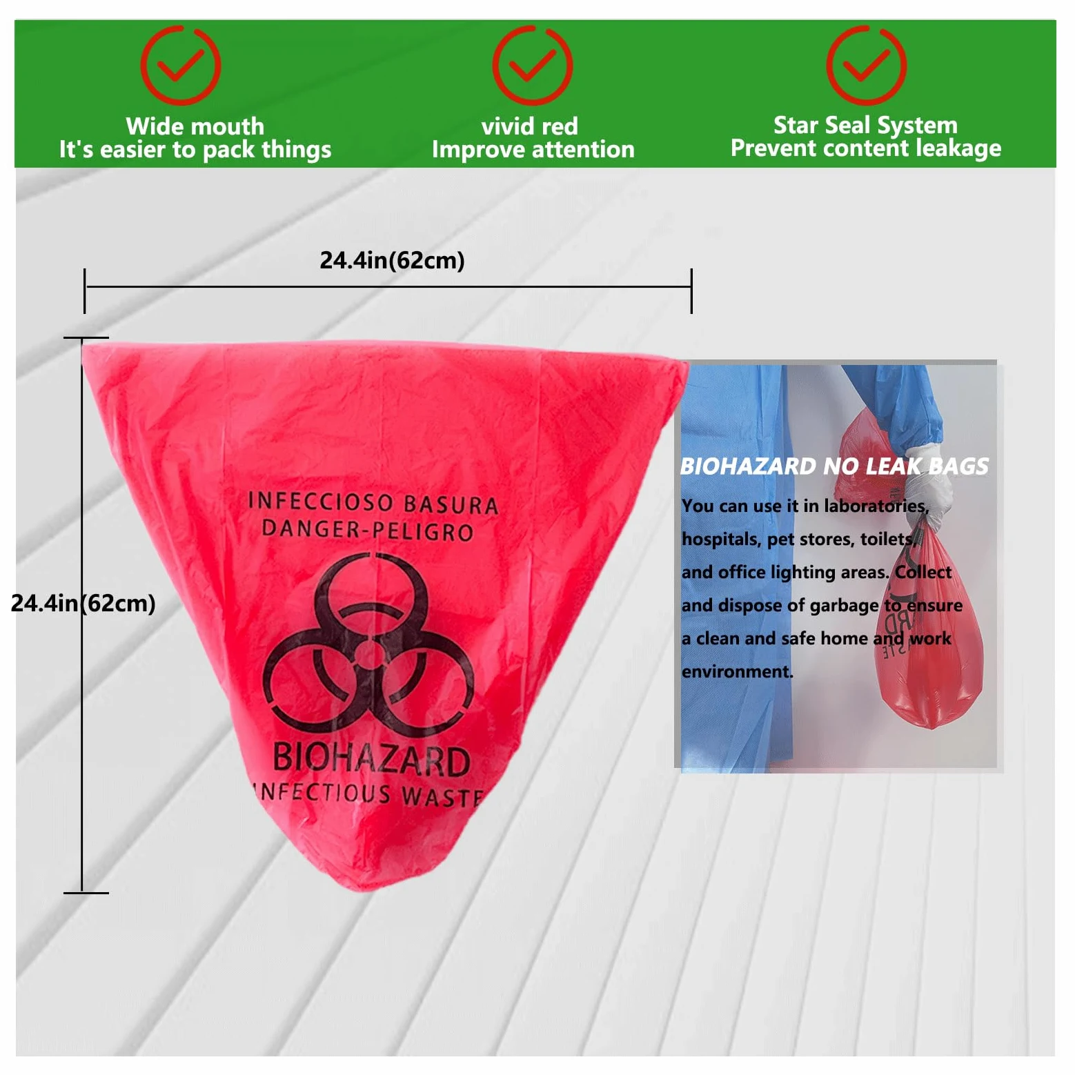 Bolsas de basura Biohazard de 62 cm, bolsas de eliminación de residuos infecciosos seguras de 10 galones, forro de basura rojo, bolsas sin fugas, grado médico (100 unidades de 62 x 62 cm)
