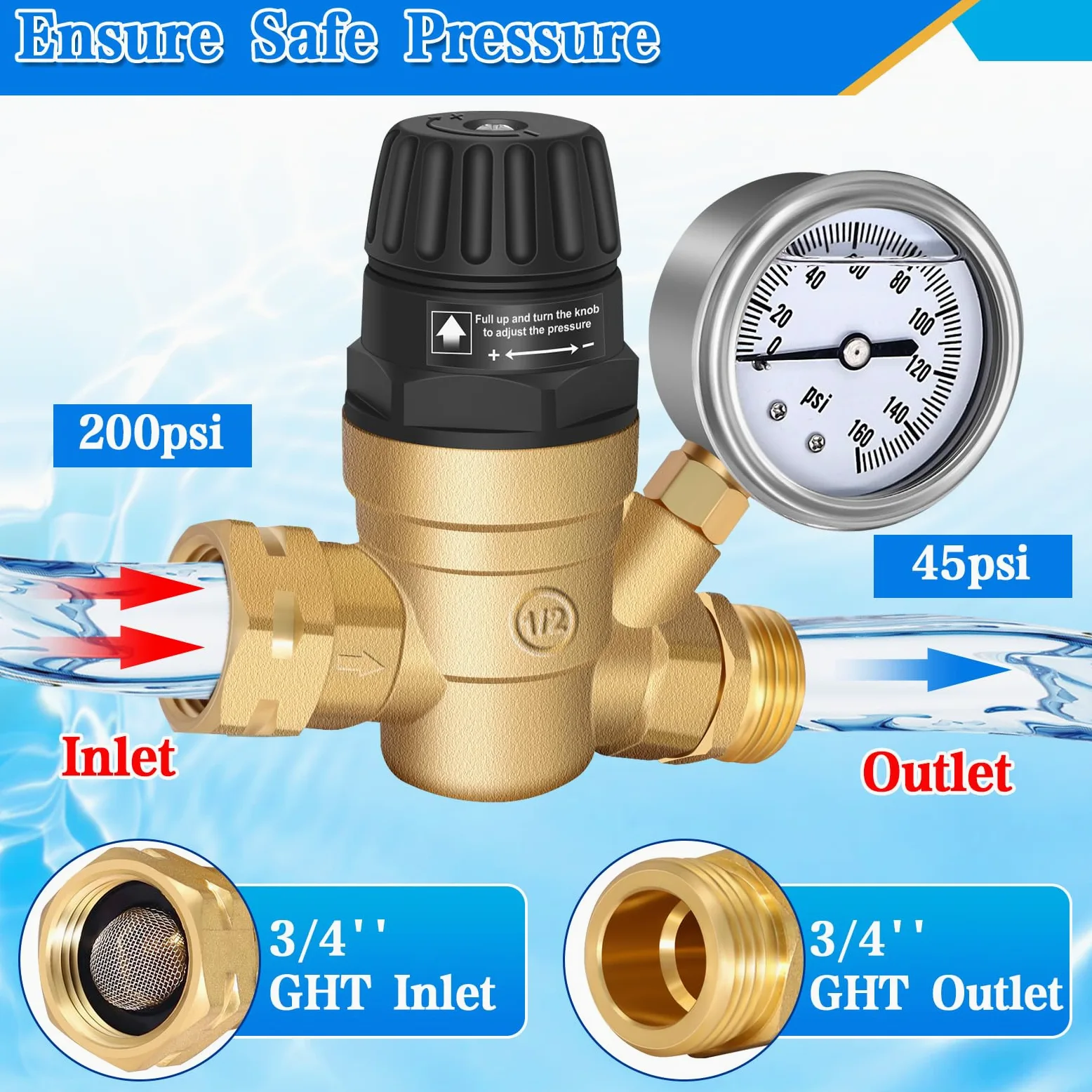Regulador de presión de agua RV con mango ajustable, regulador de presión de agua para caravana, reductor de presión de agua mejorado para RV, ajuste de presión de agua RV estilo 1