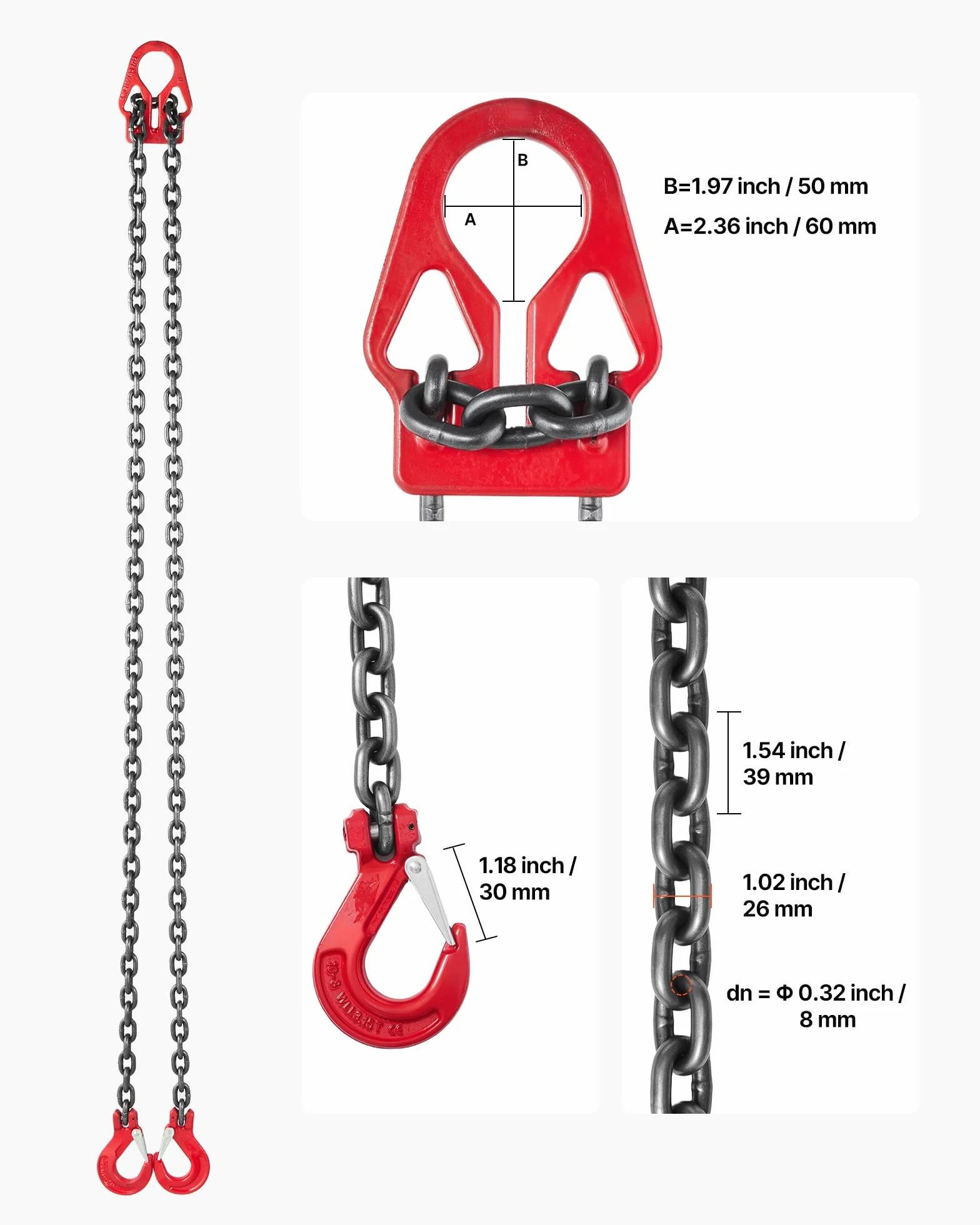 VEVOR Eslinga de Cadena 8 mm x 3 m, G80 Aleación de Acero, Carga 3,17 T, Ganchos