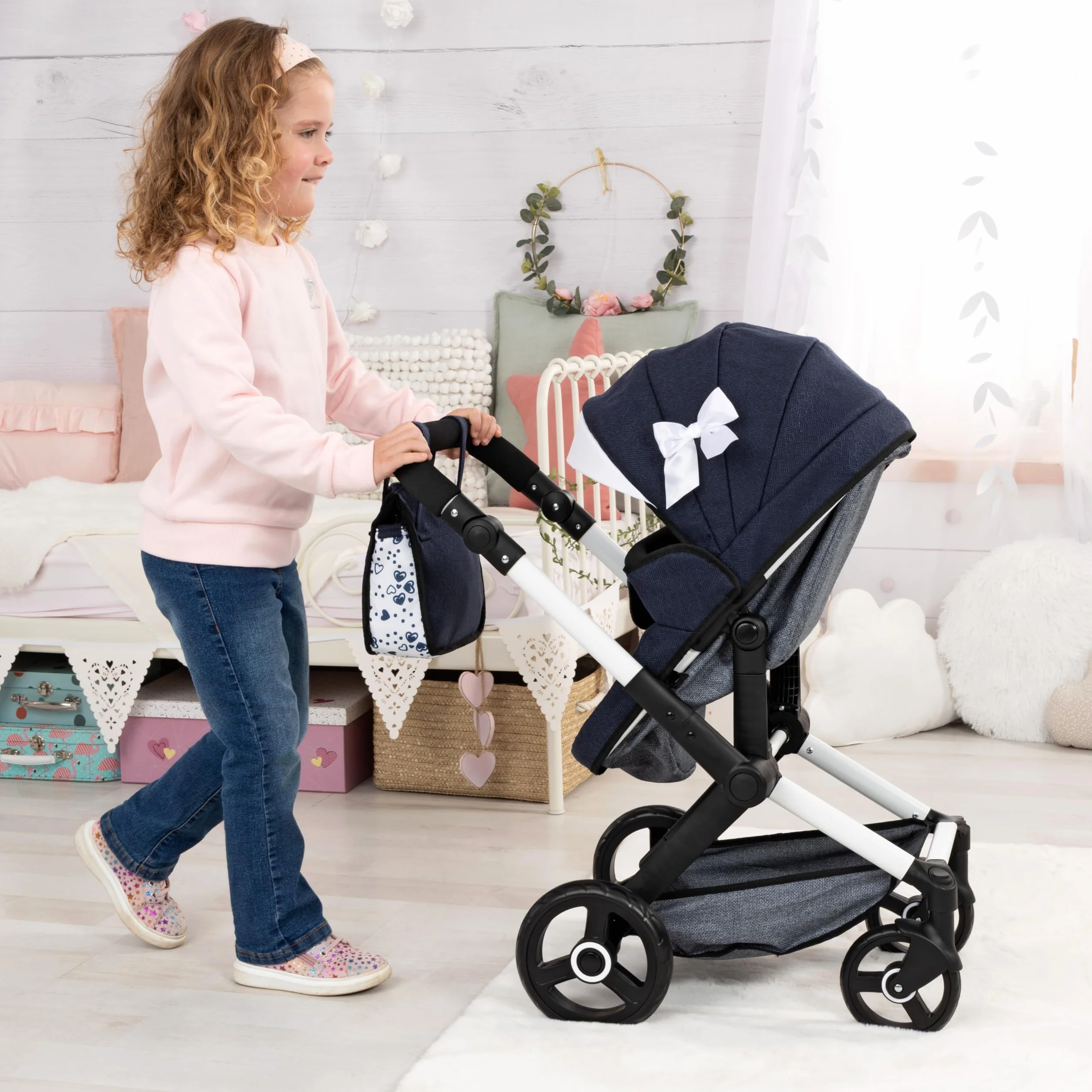 Bayer Design Cochecito de muñeca Xeo, Carro para muñecas, Bolsa, Convertible, Regulable en Altura