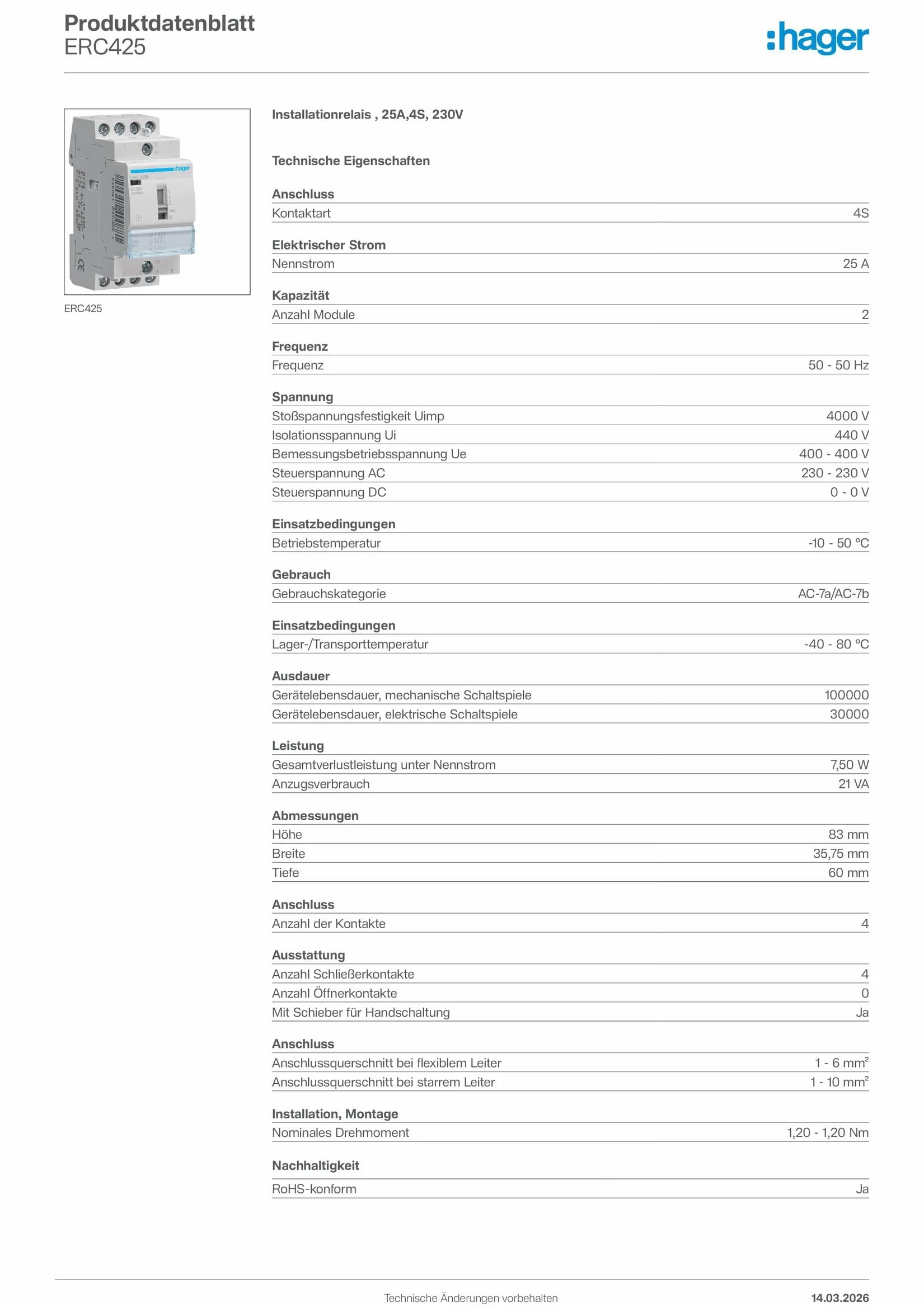 Hager ERC425 Contactor Manual 25A 4NA 230V