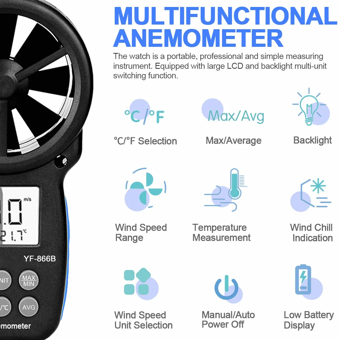 INFURIDER YF-866B Anemómetro Digital de Mano Medidor de Velocidad del Viento con Luz de Fondo