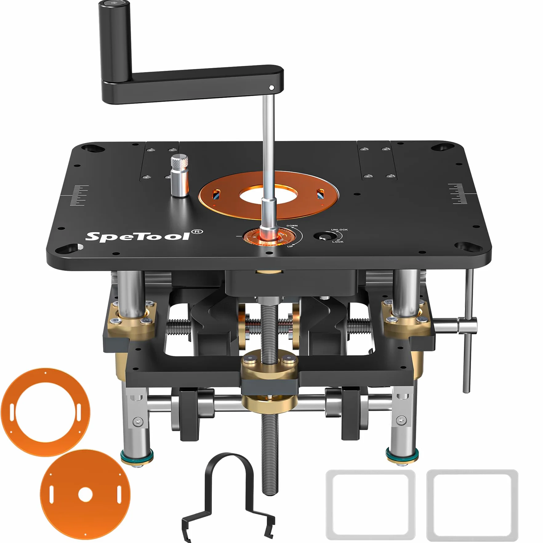 SpeTool Elevador de fresado para fresadoras superiores con 65 mm de diámetro y 107 mm de diámetro, elevador de fresado de aluminio con plantilla de bricolaje y 3 anillos magnéticos, placa de fresado