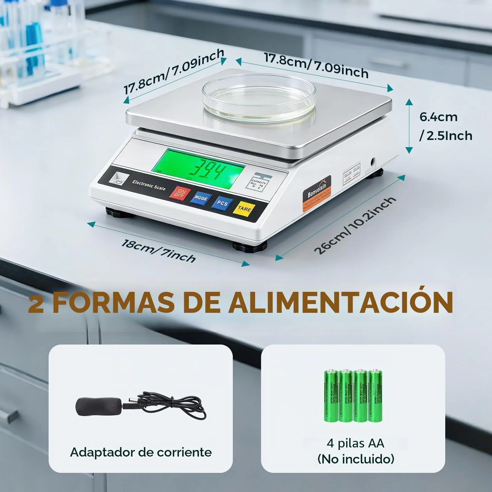 Bonvoisin Báscula de Precisión 7500/0.1 g, Balanza Cuentapiezas Laboratorio Digital Electrónica Analítica con Certificación CE, Función de Conteo y Tara, Acero Inoxidable, Batería y Cargador (0.1g)