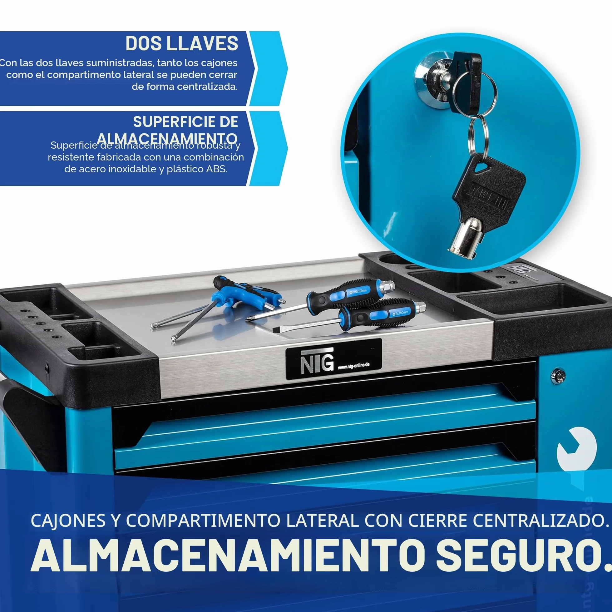 NTG Carro de Taller con 252 Herramientas, 7 cajones, cajón Cargo, Placa de Acero Inoxidable, con Cerradura