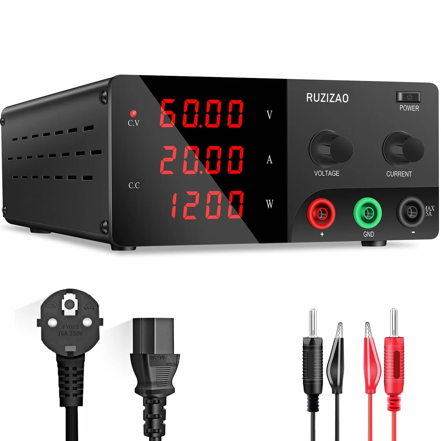 Fuente de Alimentación Regulables 60V 20A 1200W Alta Potencia Alimentación de Laboratorio con Codificador Fuente de Alimentacion de Banco para Carga de Batería 6V/12V/24V/36V/48V y Farolas LED