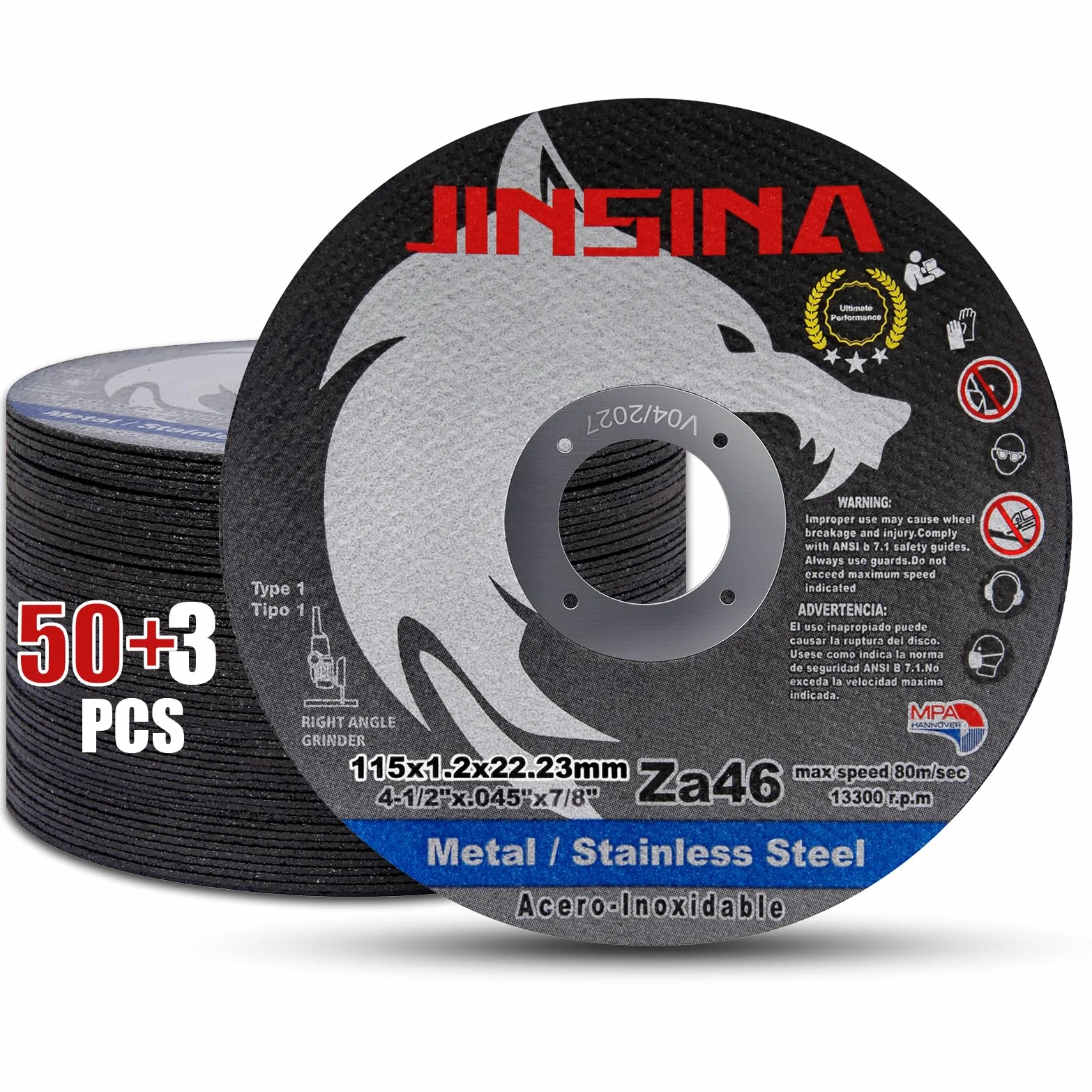 Ruedas de corte de 53 piezas, rueda de corte de metal y acero inoxidable de 4 1/2 pulgadas, disco de corte rápido para amoladora angular (4-1/2 x .045 x 7/8 pulgadas) 50+3 piezas