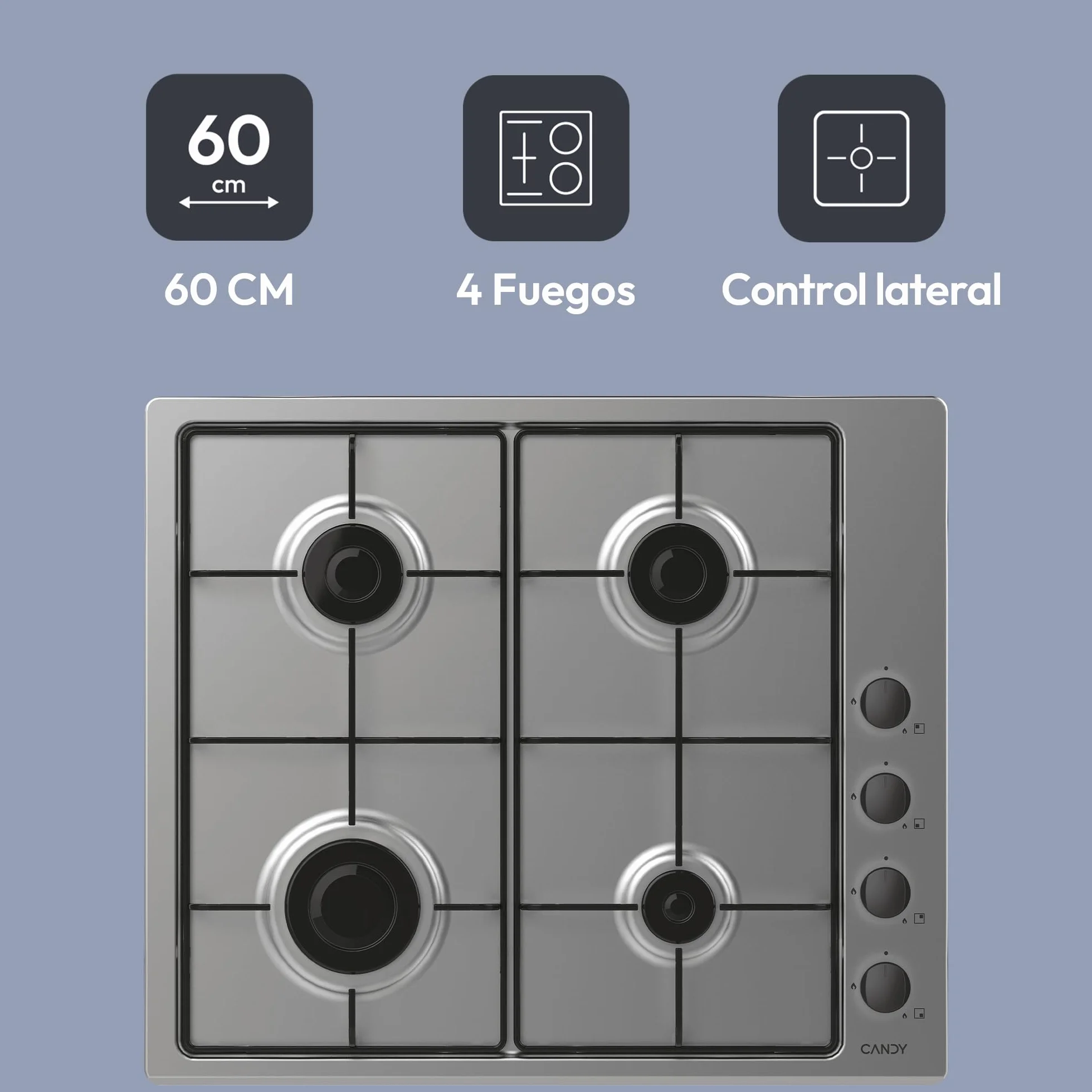 Candy Idea CHW6LBX/4U2 Placa de Gas 4 Fuegos 60CM 7,2KW Inox