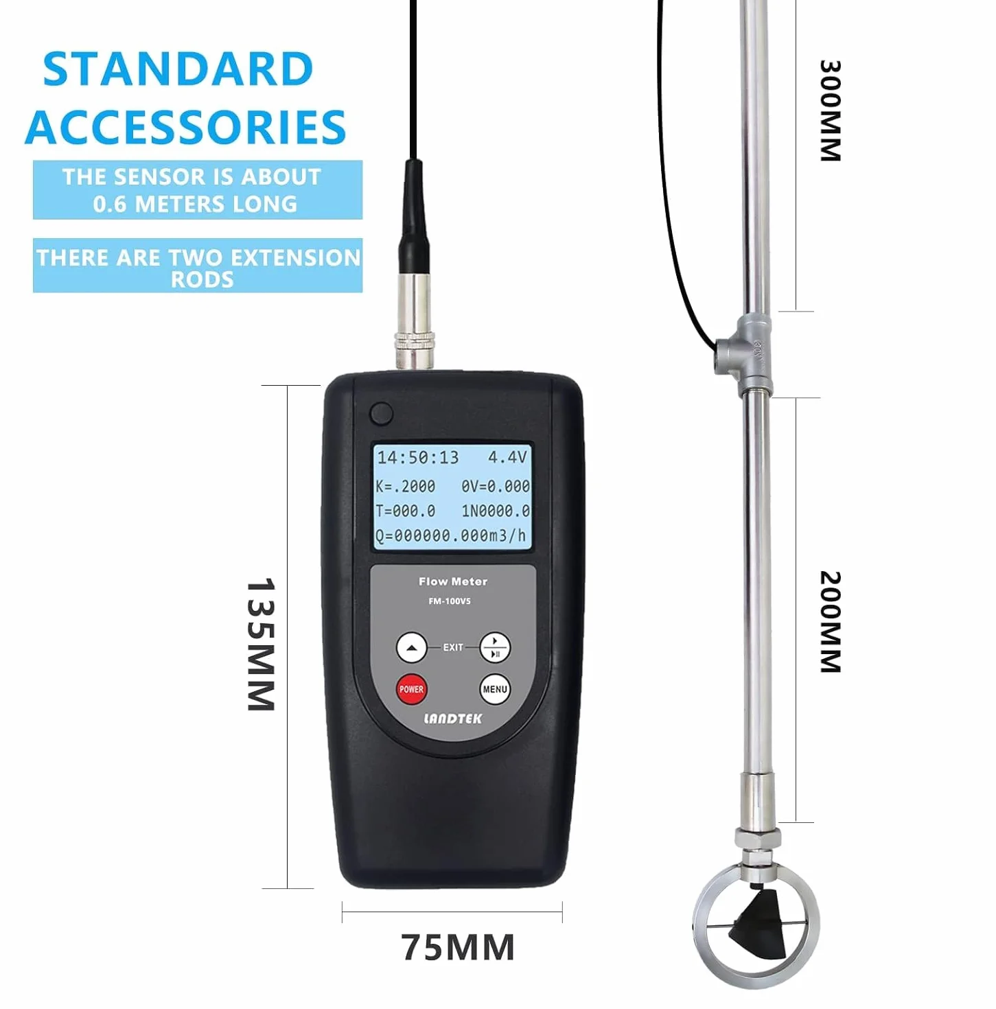 FM-100V5 Medidor de caudal portátil Probador de velocidad de agua 0.01-5.00 m/s